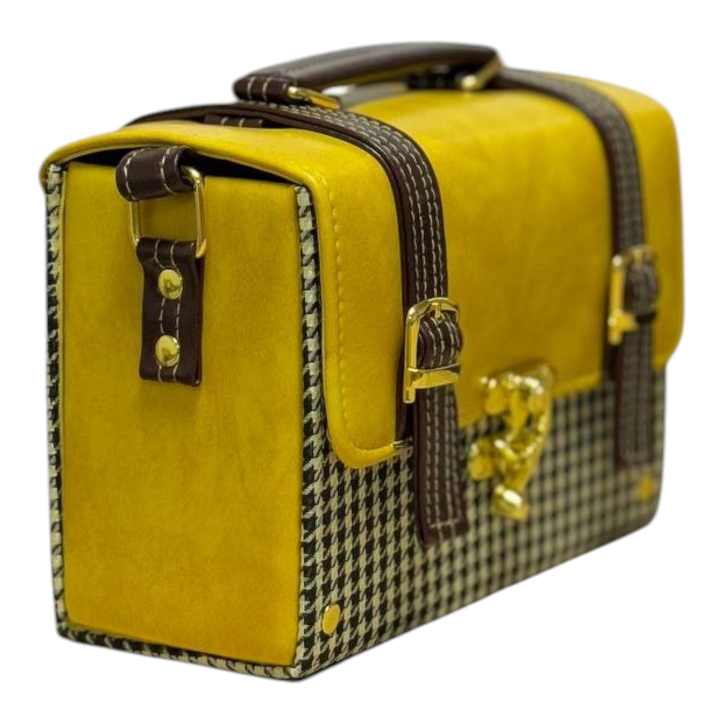 Handmade Vegan Leather Satchel – Mustard & Brown with Houndstooth Fabric | Classic Crossbody Bag 21x15x9 cm