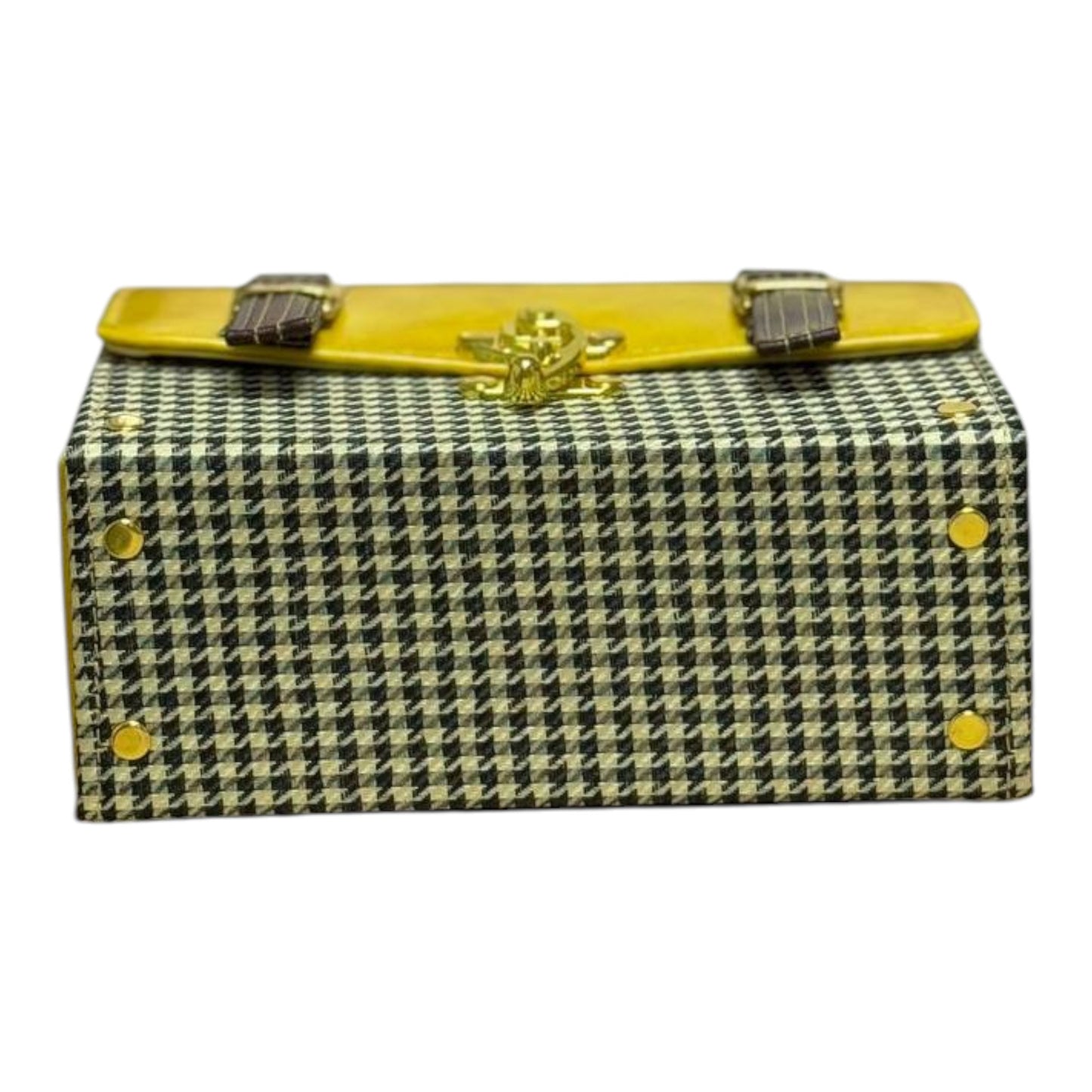 Handmade Vegan Leather Satchel – Mustard & Brown with Houndstooth Fabric | Classic Crossbody Bag 21x15x9 cm