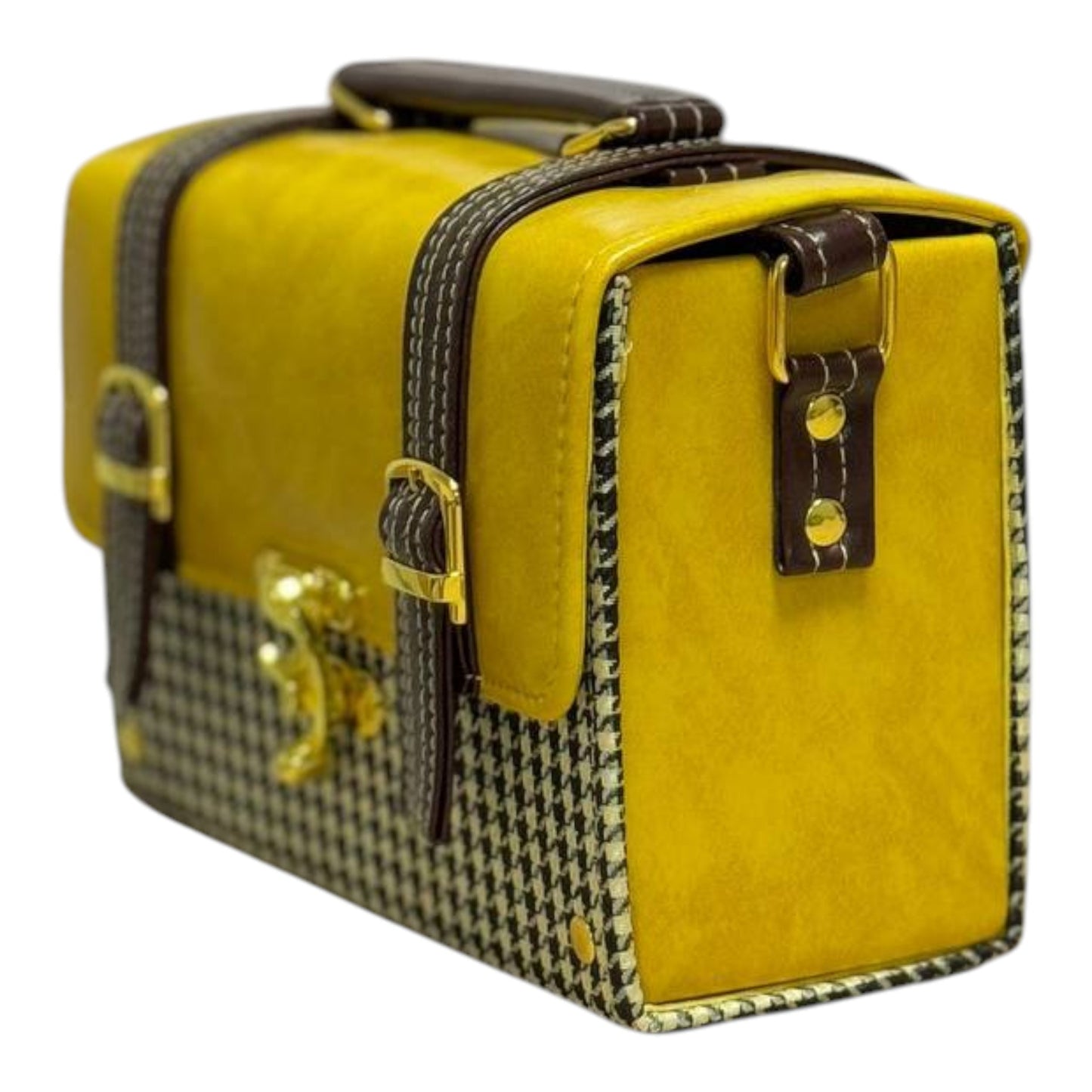 Handmade Vegan Leather Satchel – Mustard & Brown with Houndstooth Fabric | Classic Crossbody Bag 21x15x9 cm