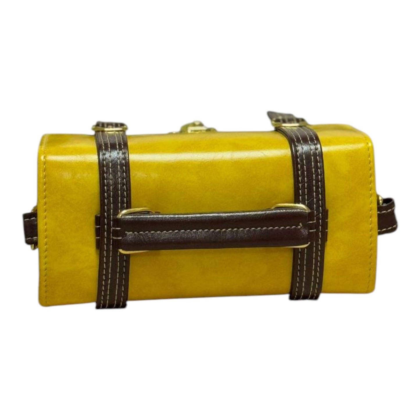 Handmade Vegan Leather Satchel – Mustard & Brown with Houndstooth Fabric | Classic Crossbody Bag 21x15x9 cm