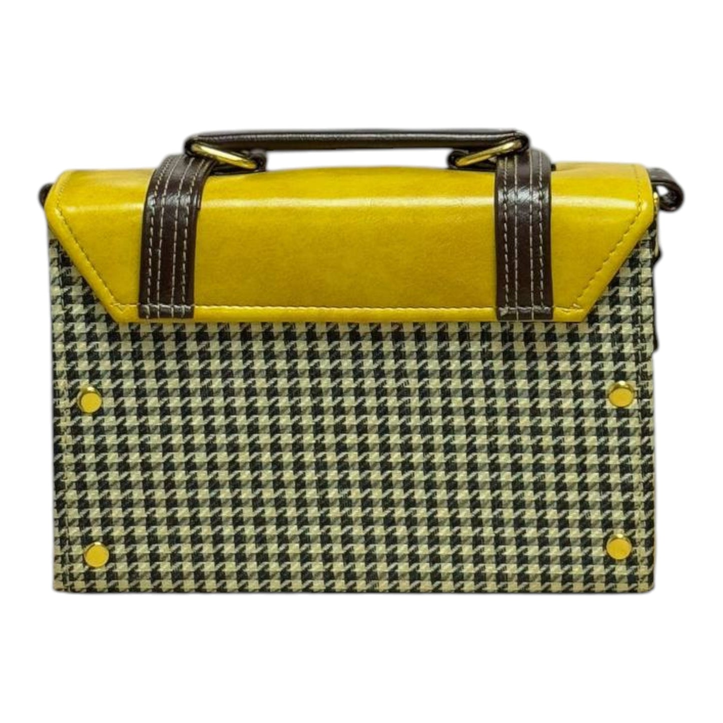 Handmade Vegan Leather Satchel – Mustard & Brown with Houndstooth Fabric | Classic Crossbody Bag 21x15x9 cm