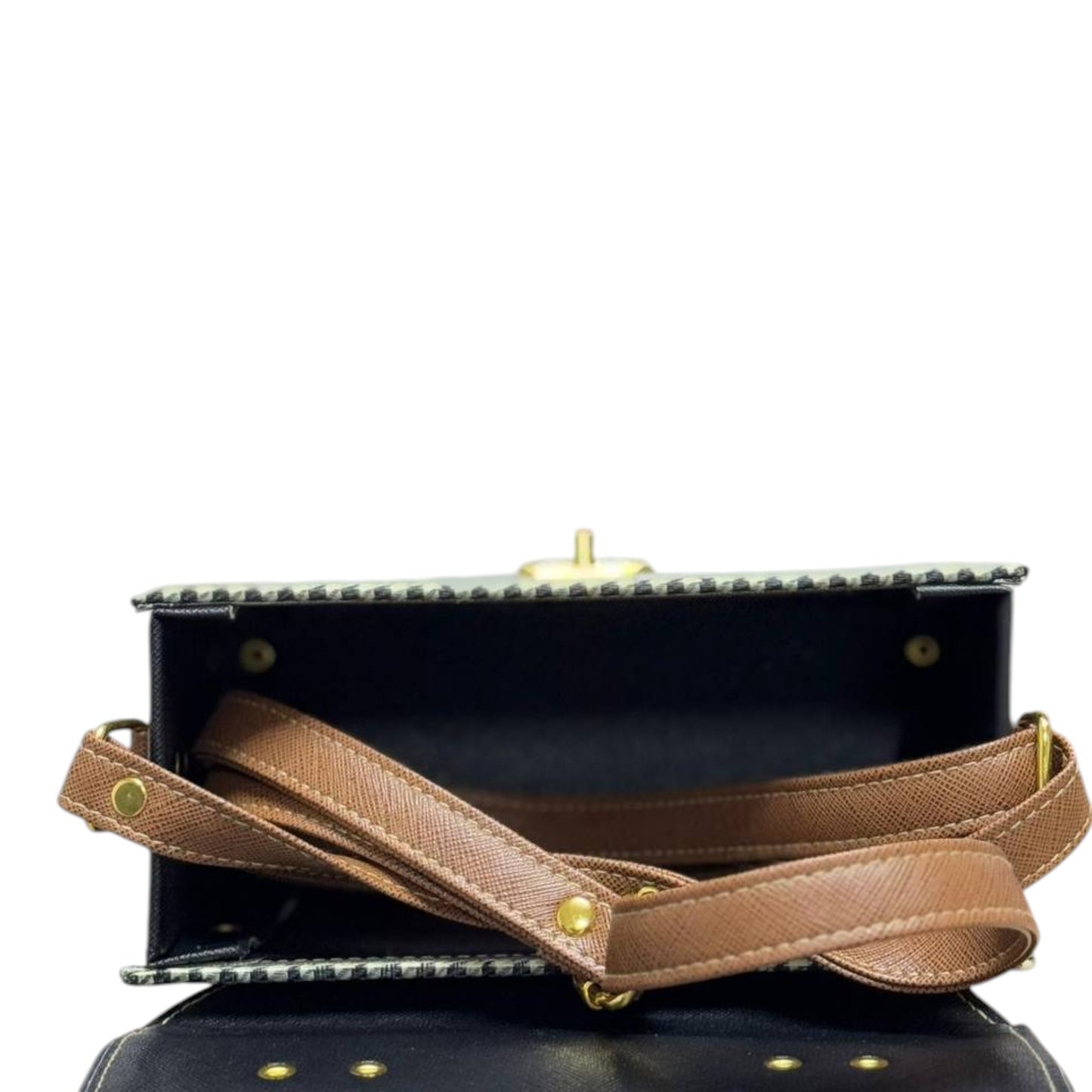 Handmade French Vegan Leather Handbag – Black & Houndstooth with Tan Straps (21×15×9 cm)