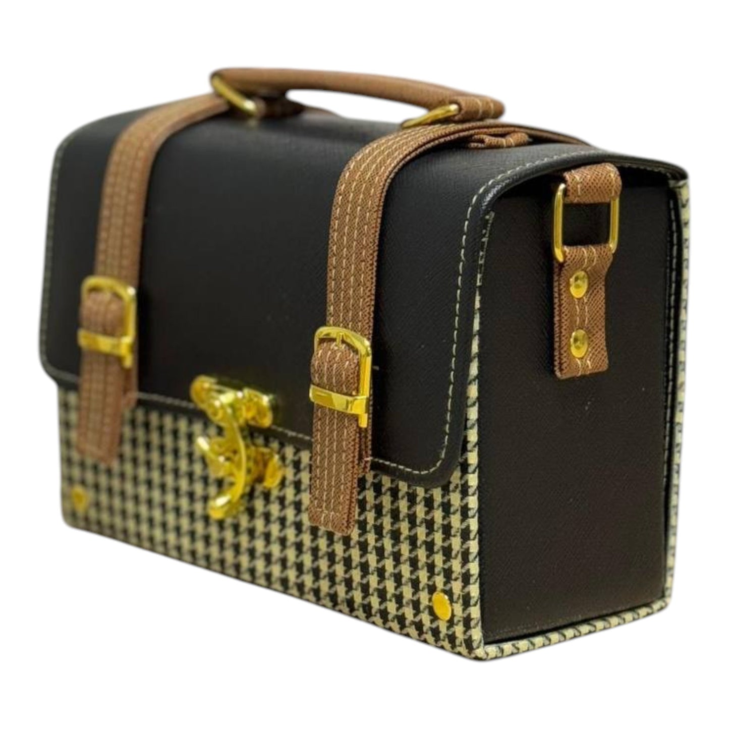 Handmade French Vegan Leather Handbag – Black & Houndstooth with Tan Straps (21×15×9 cm)