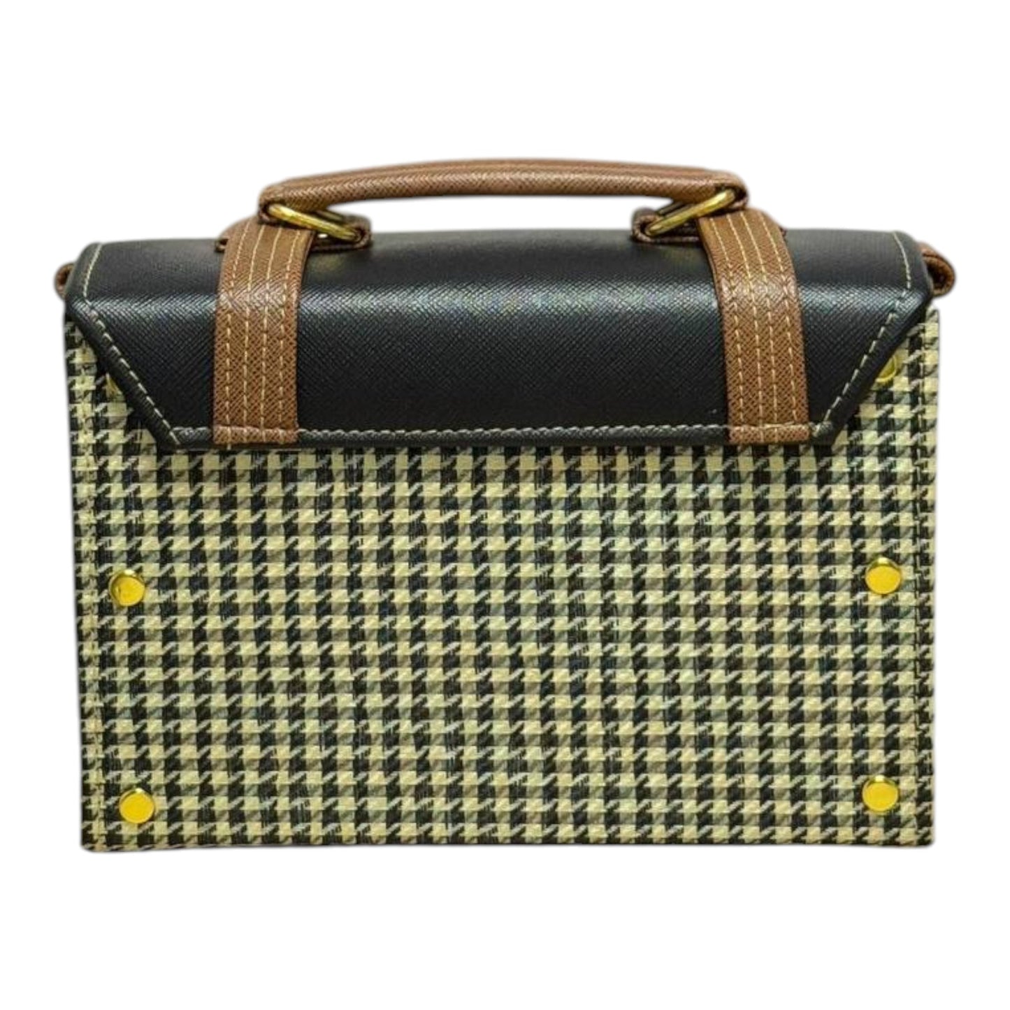 Handmade French Vegan Leather Handbag – Black & Houndstooth with Tan Straps (21×15×9 cm)