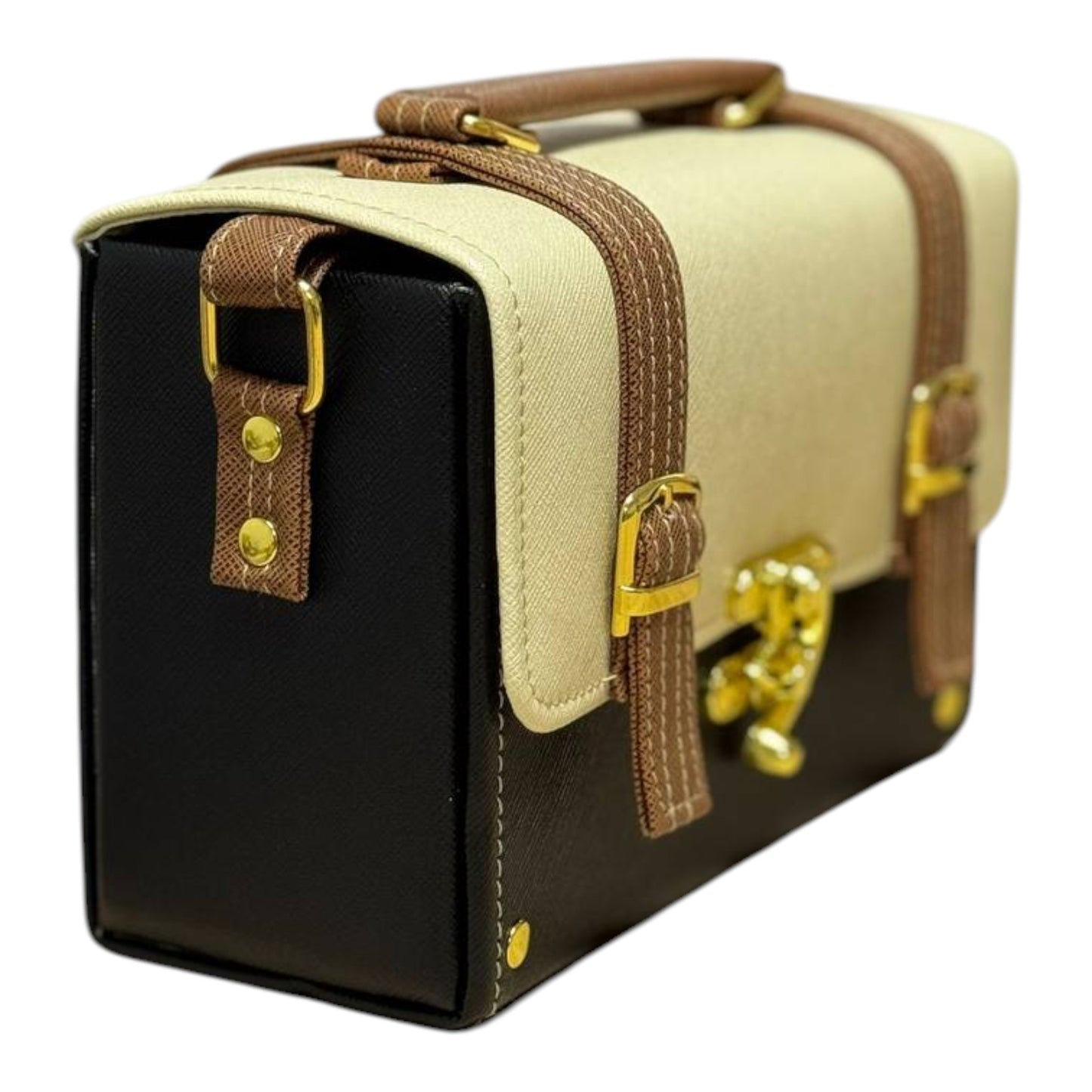 Handmade Two-Tone Vegan Leather Box Bag – Structured Mini Satchel (21×15×9 cm)