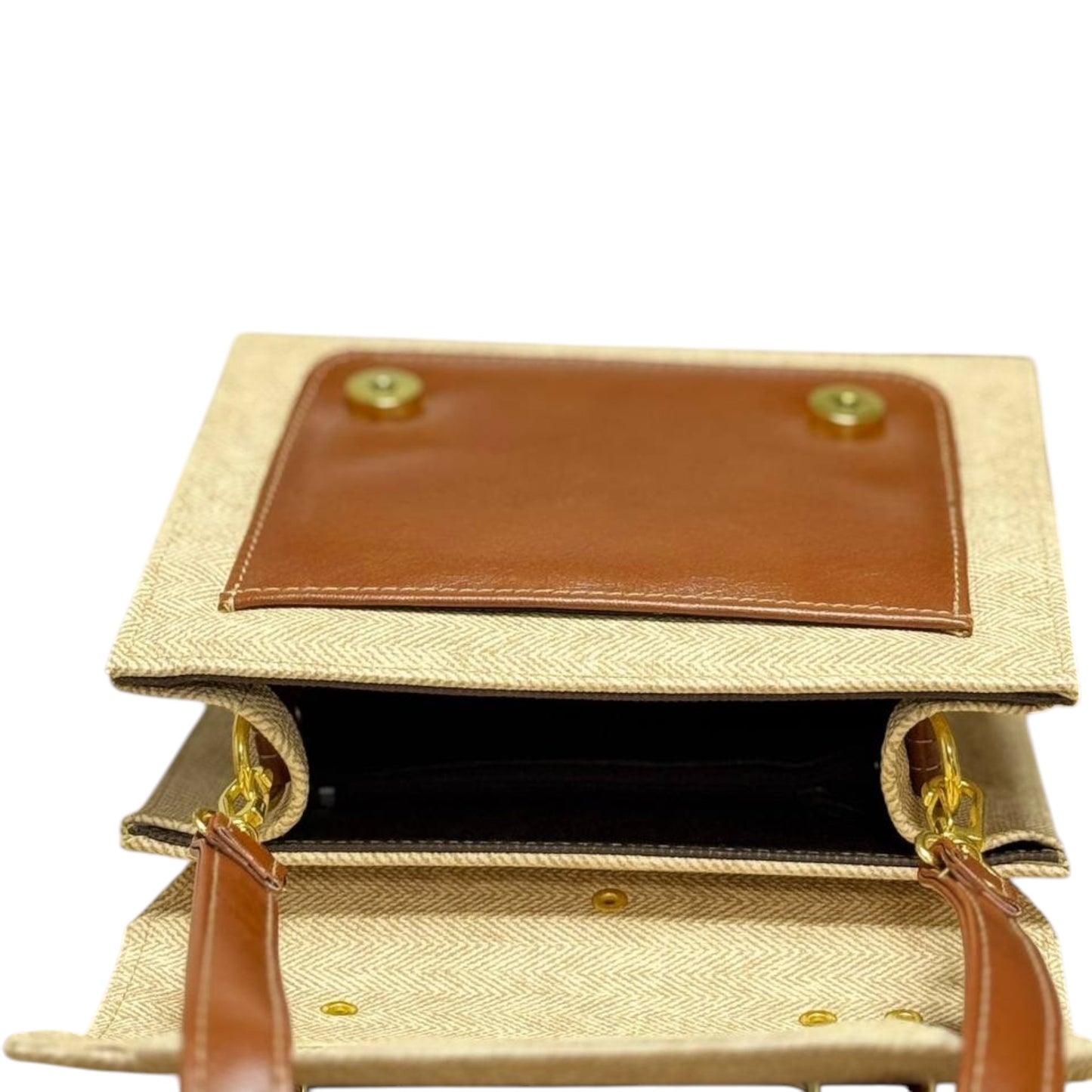 Handmade French-Style Vegan Leather & Canvas Backpack – Natural Beige & Tan (21x 20×10 cm)