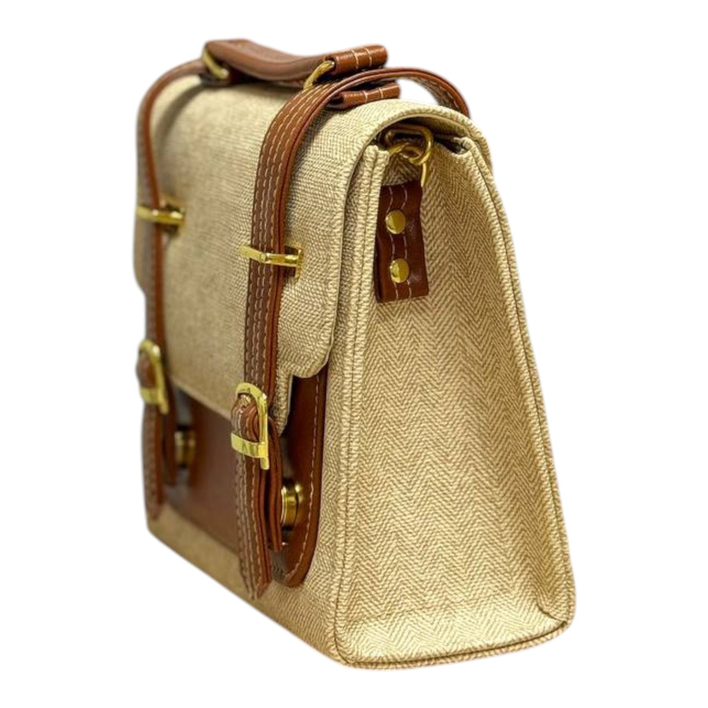 Handmade French-Style Vegan Leather & Canvas Backpack – Natural Beige & Tan (21x 20×10 cm)