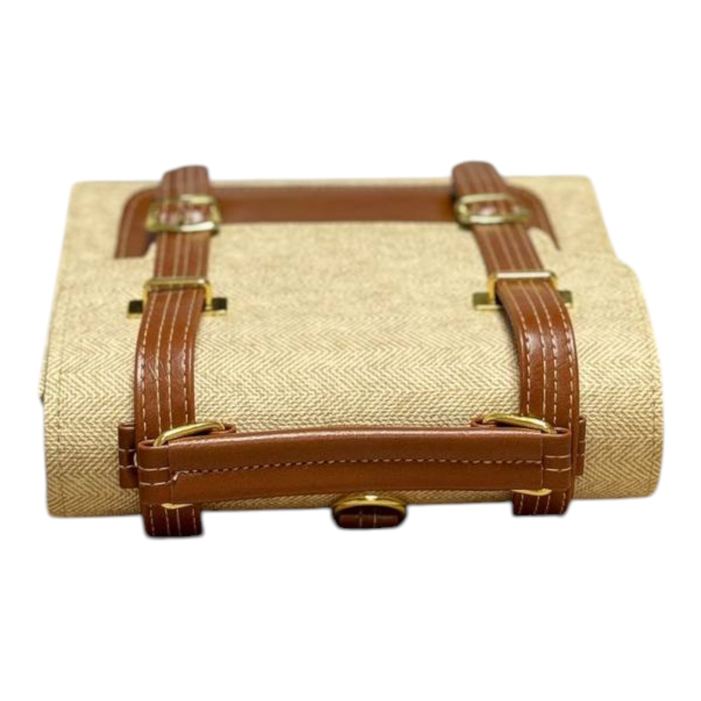 Handmade French-Style Vegan Leather & Canvas Backpack – Natural Beige & Tan (21x 20×10 cm)