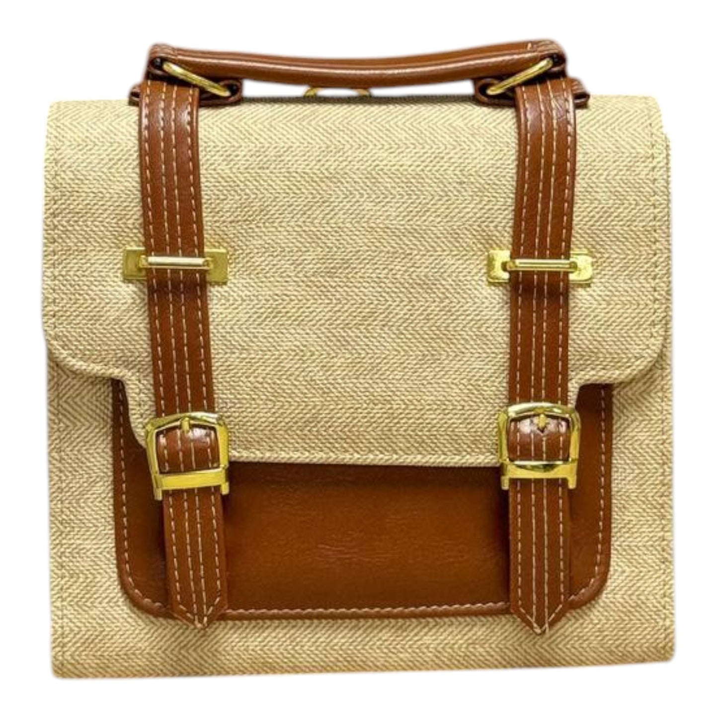 Handmade French-Style Vegan Leather & Canvas Backpack – Natural Beige & Tan (21x 20×10 cm)