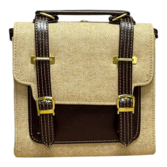 Handmade French-Style Vegan Leather & Canvas Backpack – Beige & Dark Brown (21x 20×10 cm)