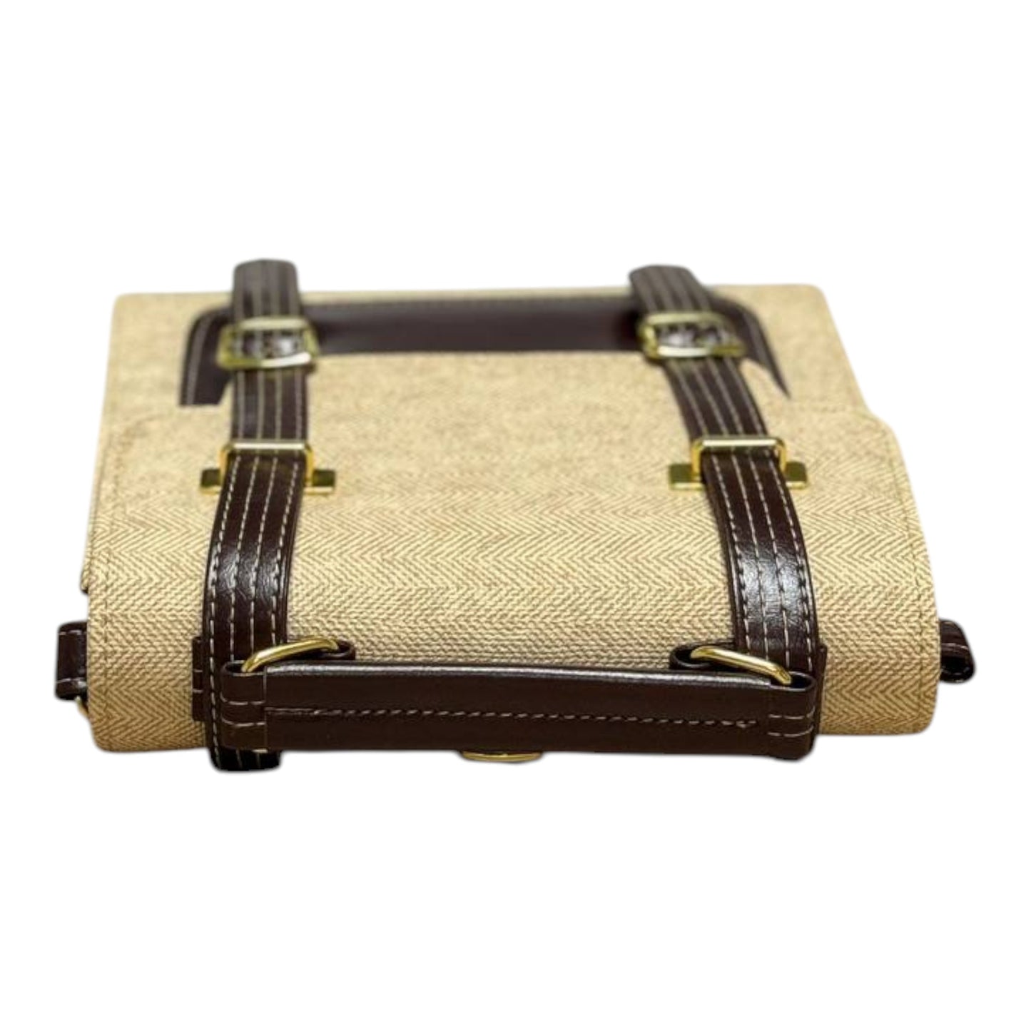 Handmade French-Style Vegan Leather & Canvas Backpack – Beige & Dark Brown (21x 20×10 cm)