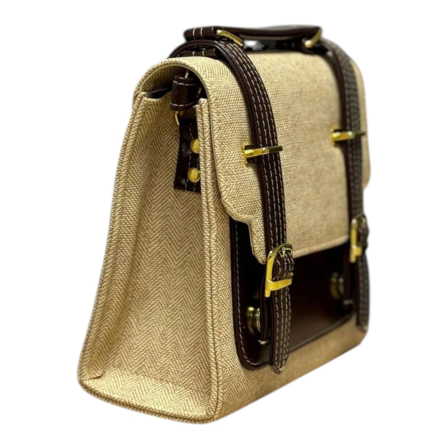 Handmade French-Style Vegan Leather & Canvas Backpack – Beige & Dark Brown (21x 20×10 cm)