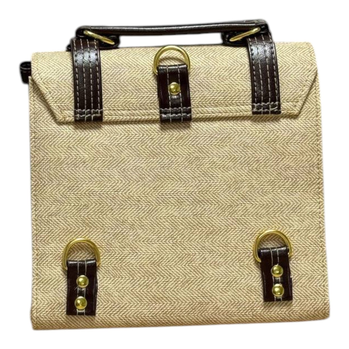 Handmade French-Style Vegan Leather & Canvas Backpack – Beige & Dark Brown (21x 20×10 cm)