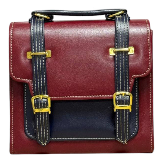 Handmade French Vegan Leather Backpack – Burgundy & Black with Gold Hardware (21x 20×10 cm)