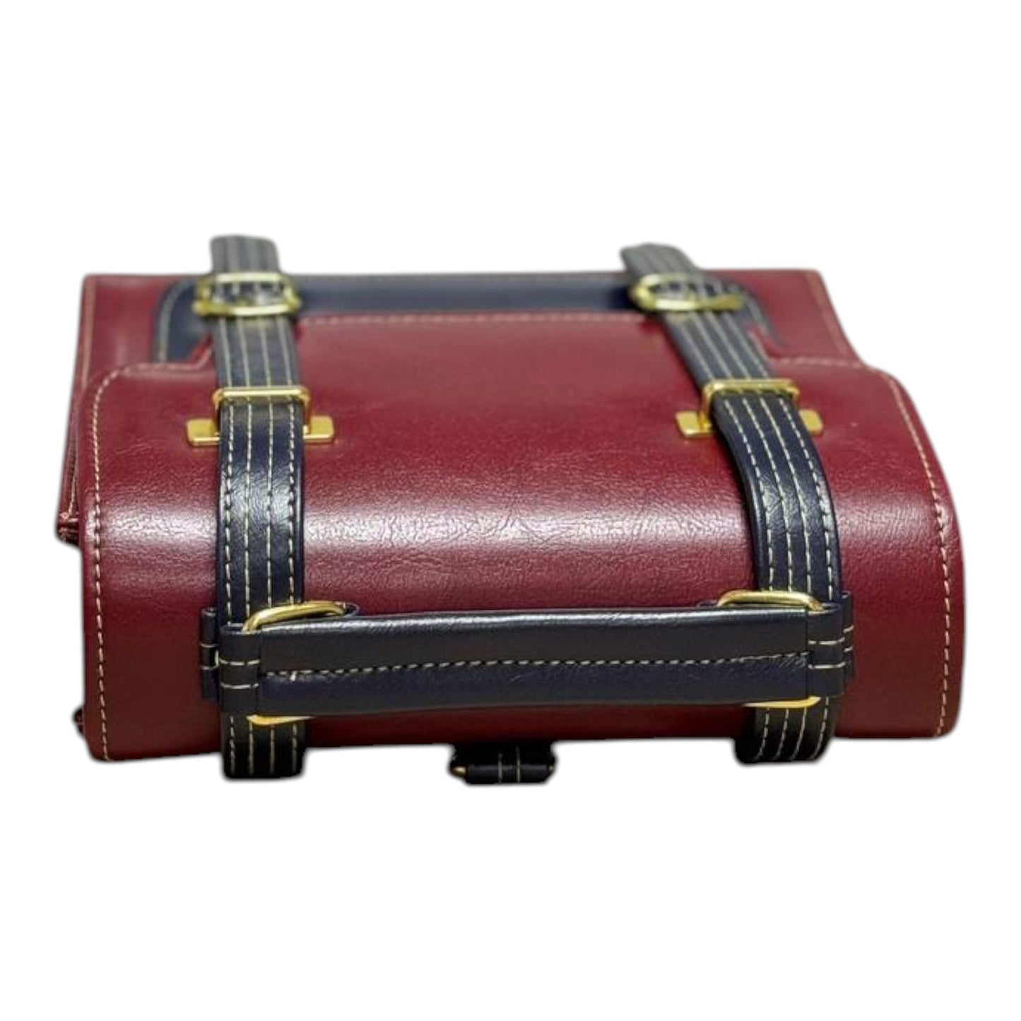 Handmade French Vegan Leather Backpack – Burgundy & Black with Gold Hardware (21x 20×10 cm)