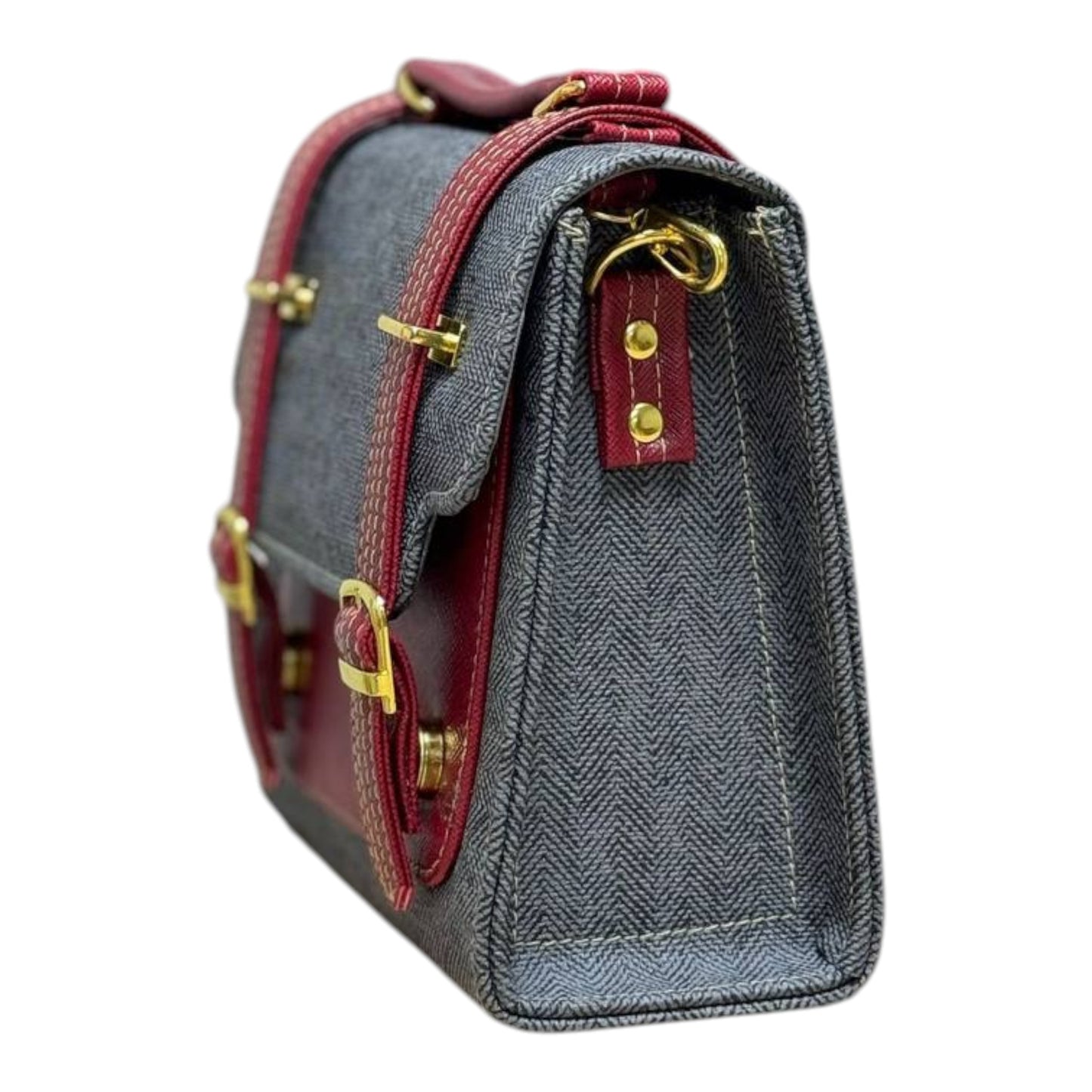 Handmade French Vegan Leather Backpack – Grey & Burgundy (21x 20×10 cm)