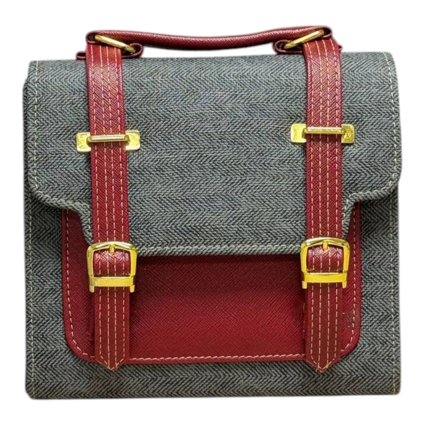 Handmade French Vegan Leather Backpack – Grey & Burgundy (21x 20×10 cm)