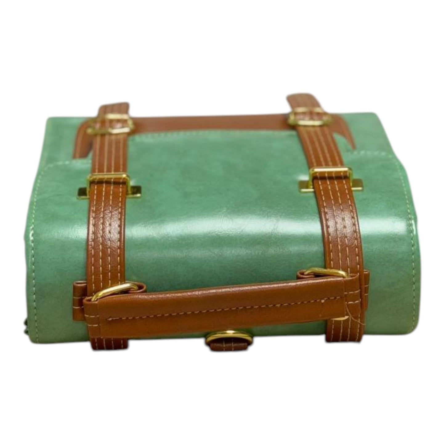 Handmade French Vegan Leather Backpack – Sage Green & Caramel Brown with Gold Hardware (21x 20×10 cm)