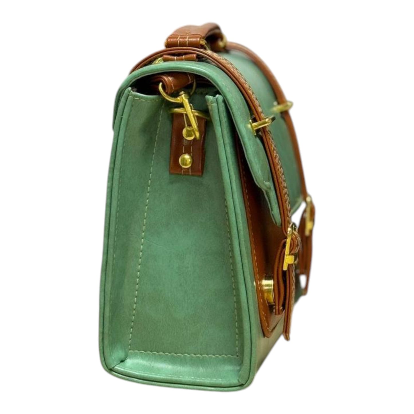Handmade French Vegan Leather Backpack – Sage Green & Caramel Brown with Gold Hardware (21x 20×10 cm)