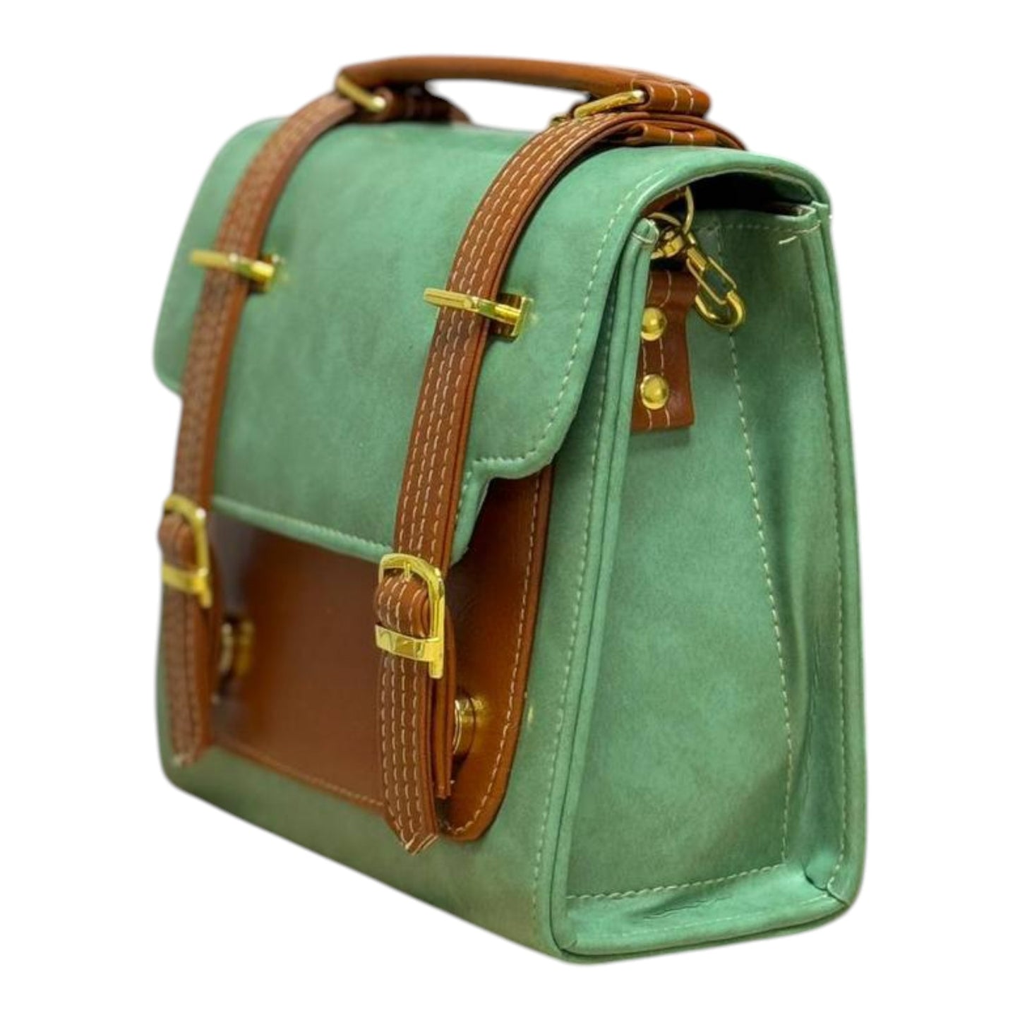 Handmade French Vegan Leather Backpack – Sage Green & Caramel Brown with Gold Hardware (21x 20×10 cm)