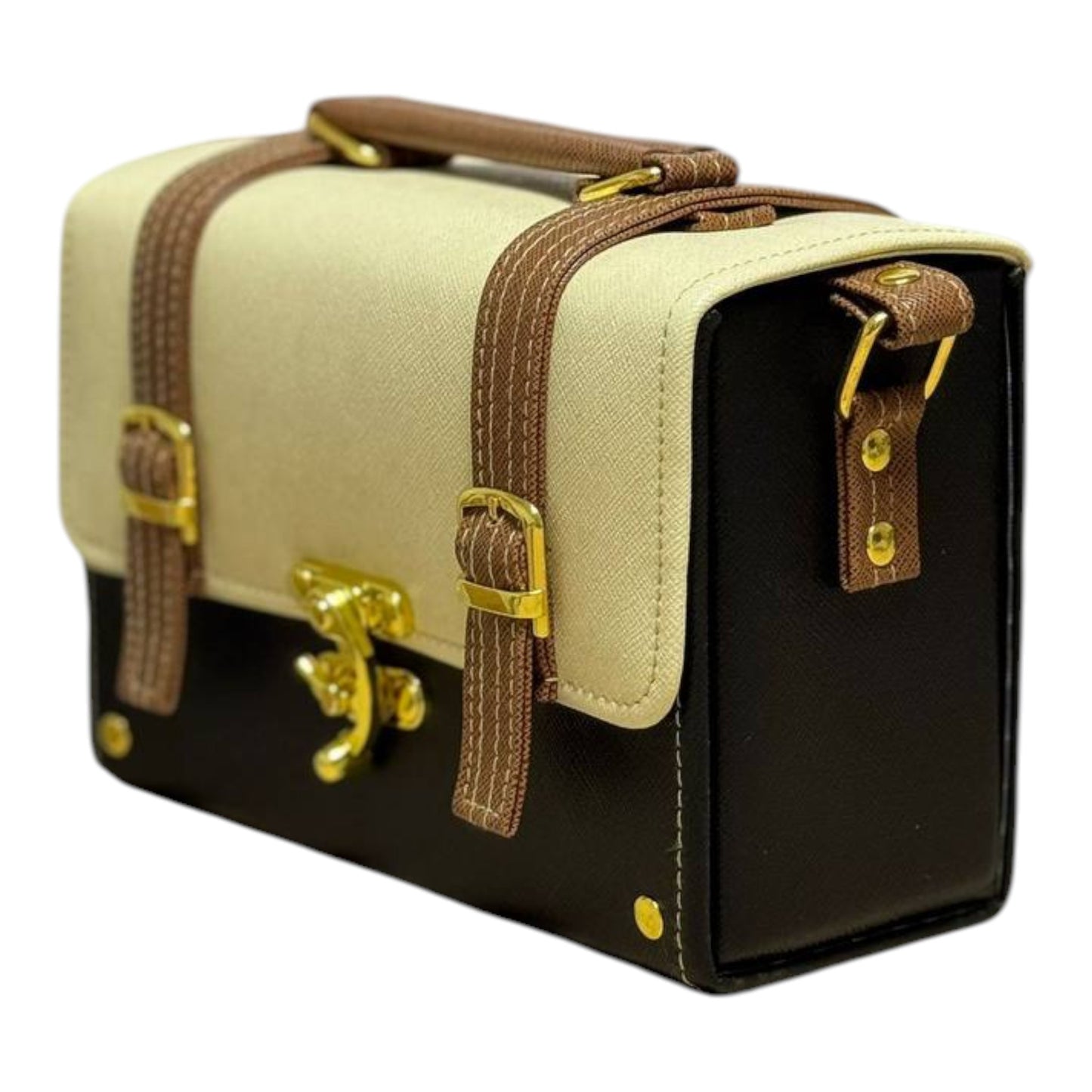 Handmade Two-Tone Vegan Leather Box Bag – Structured Mini Satchel (21×15×9 cm)