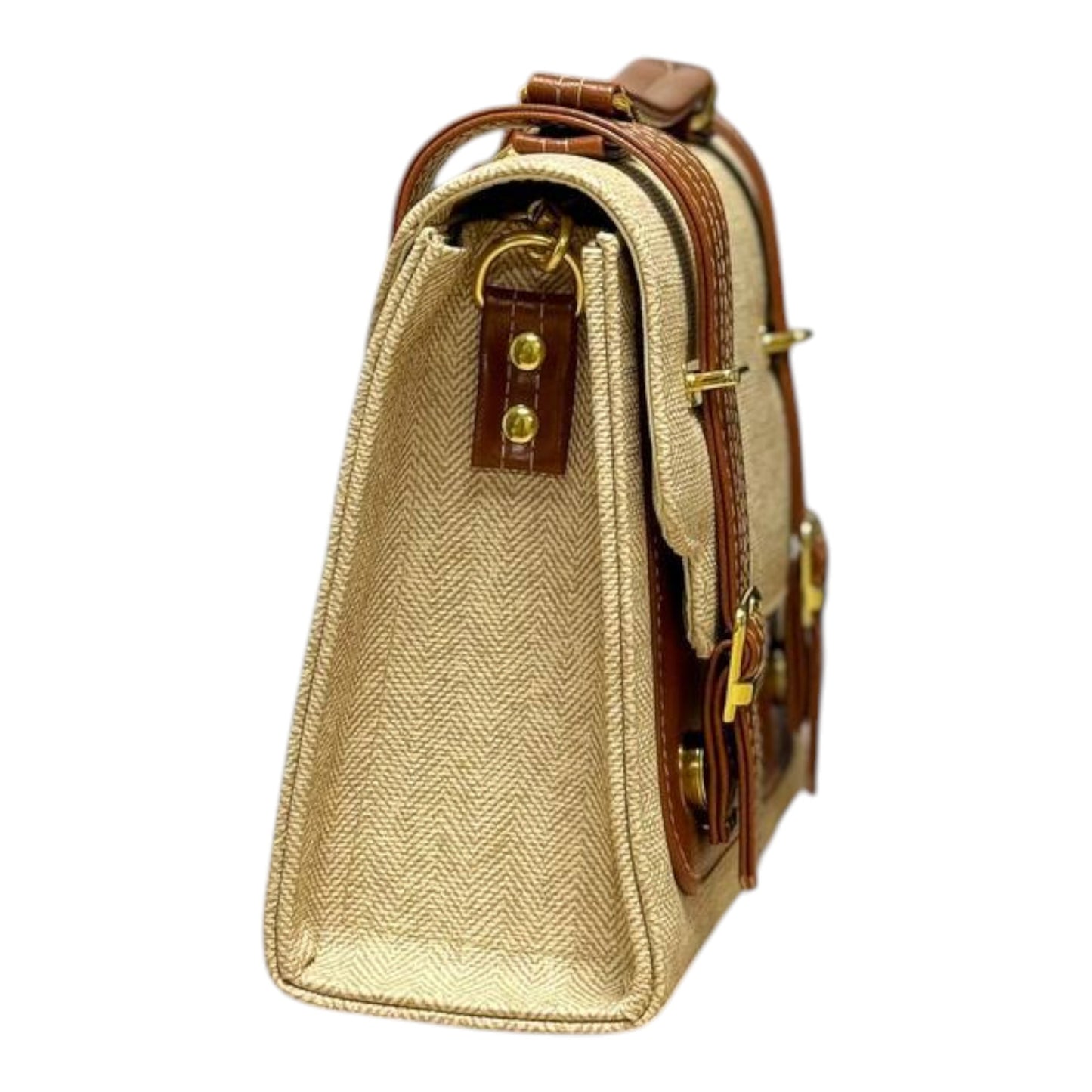 Handmade French-Style Vegan Leather & Canvas Backpack – Natural Beige & Tan (21x 20×10 cm)