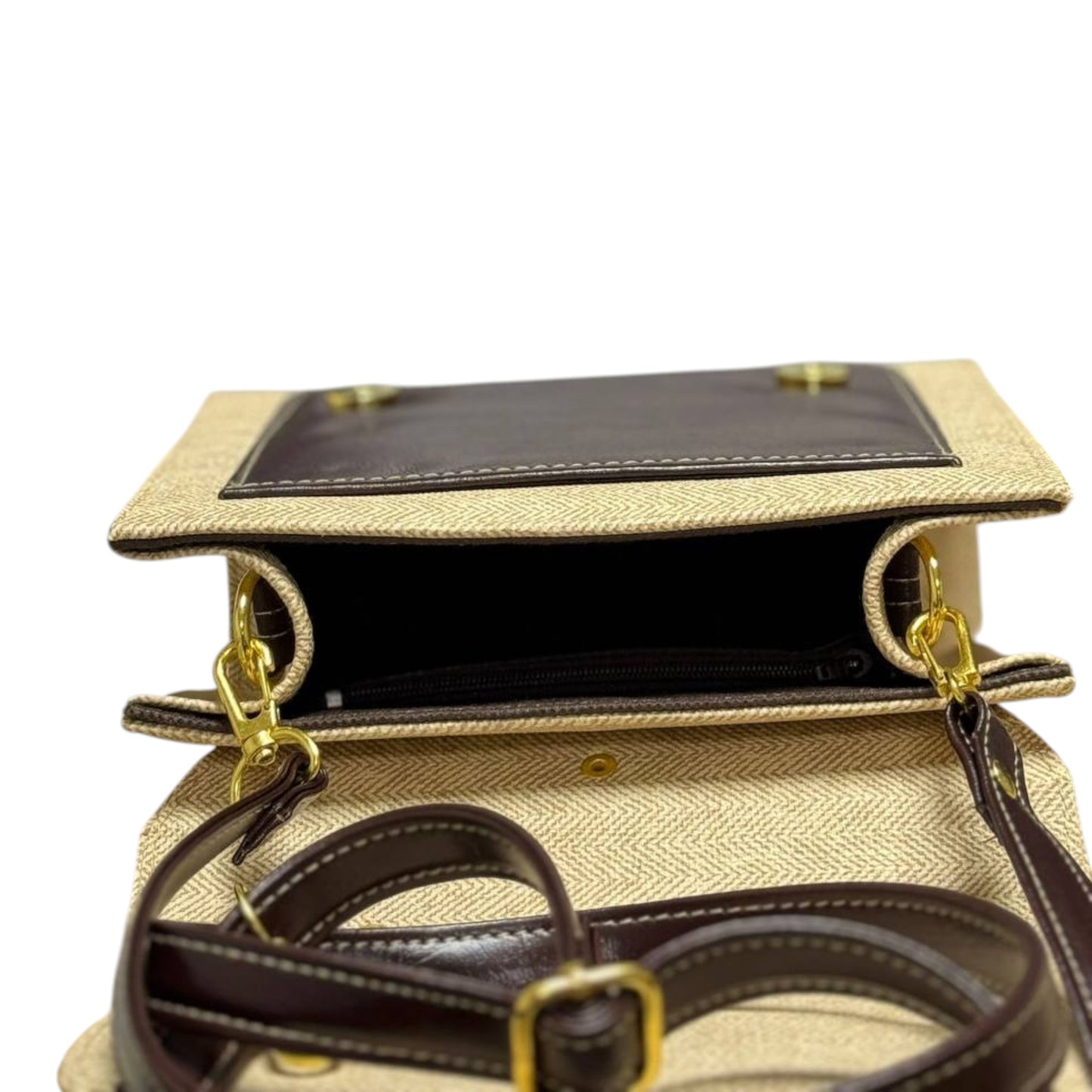 Handmade French-Style Vegan Leather & Canvas Backpack – Beige & Dark Brown (21x 20×10 cm)