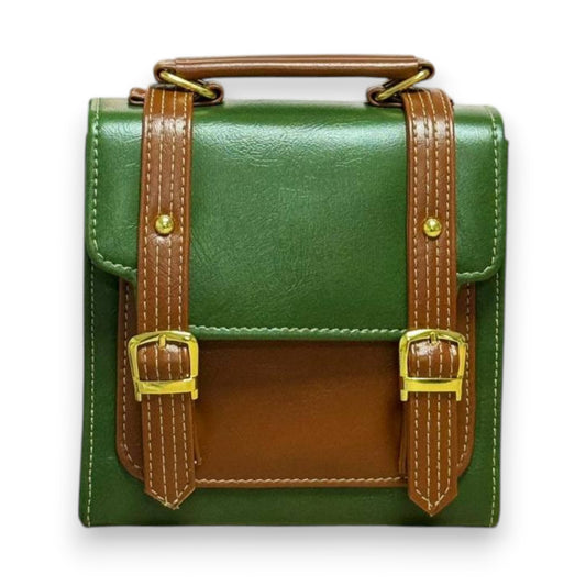 Handmade French-Style Vegan Leather Satchel – Forest Green with Tan Trim ( 17x 17×9 cm )