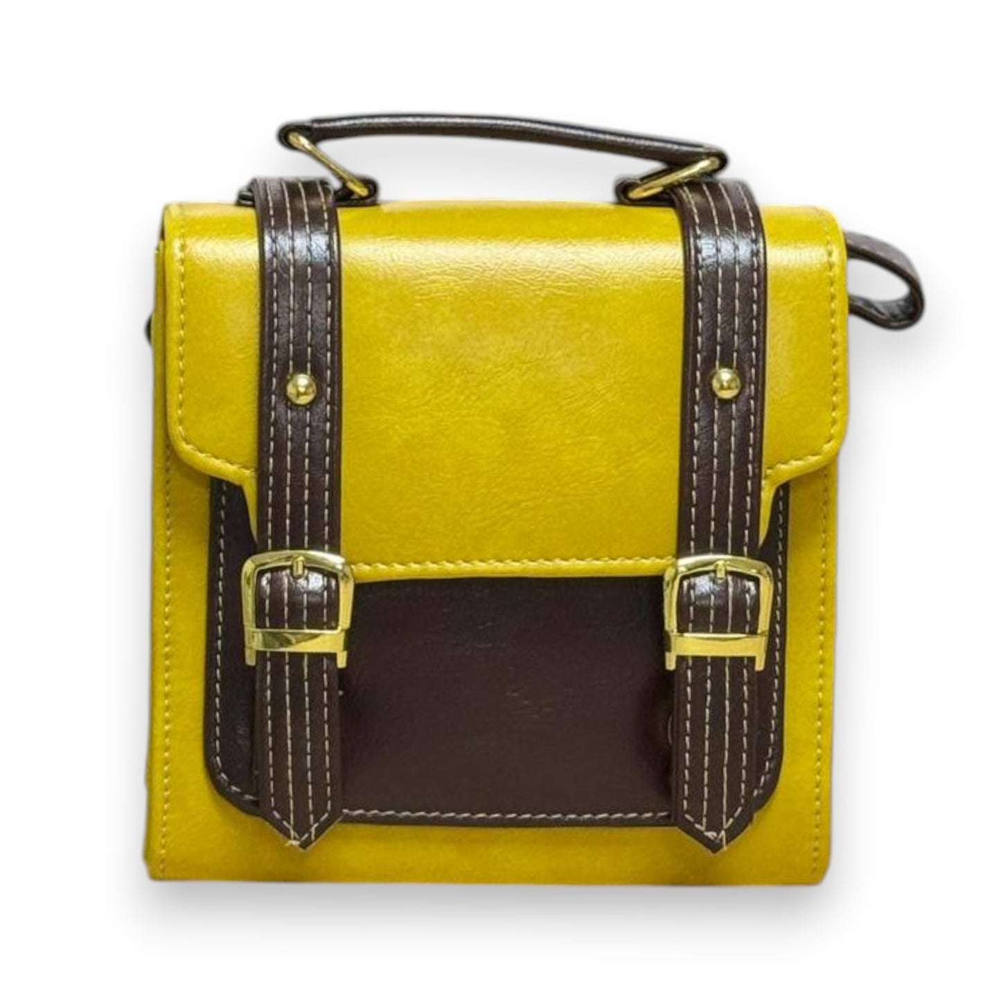 Handmade French-Style Vegan Leather Satchel – Mustard Yellow with Brown Trim ( 17x 17×9 cm )