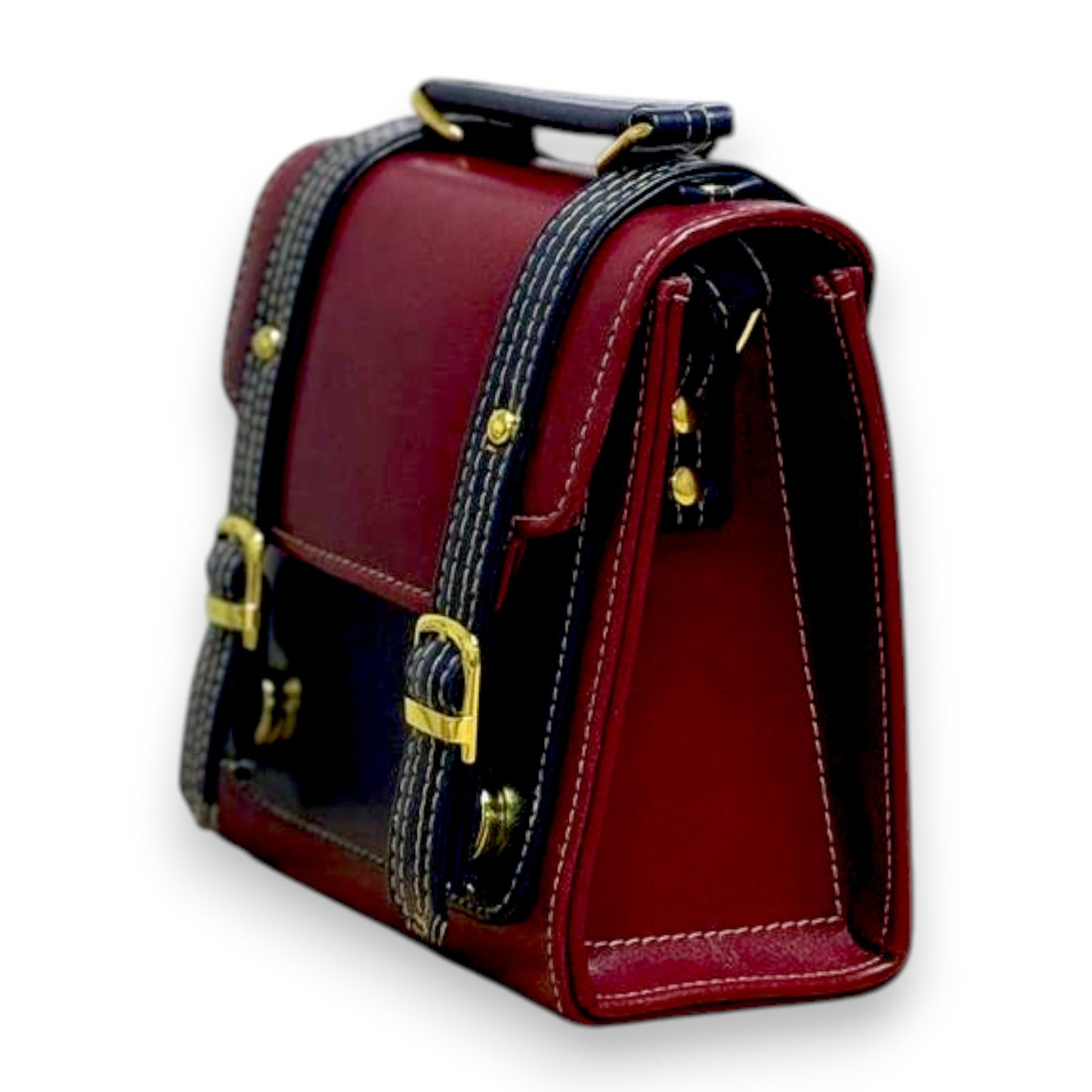 Handmade French-Style Vegan Leather Satchel – burgundy with Black Trim ( 17x 17×9 cm )