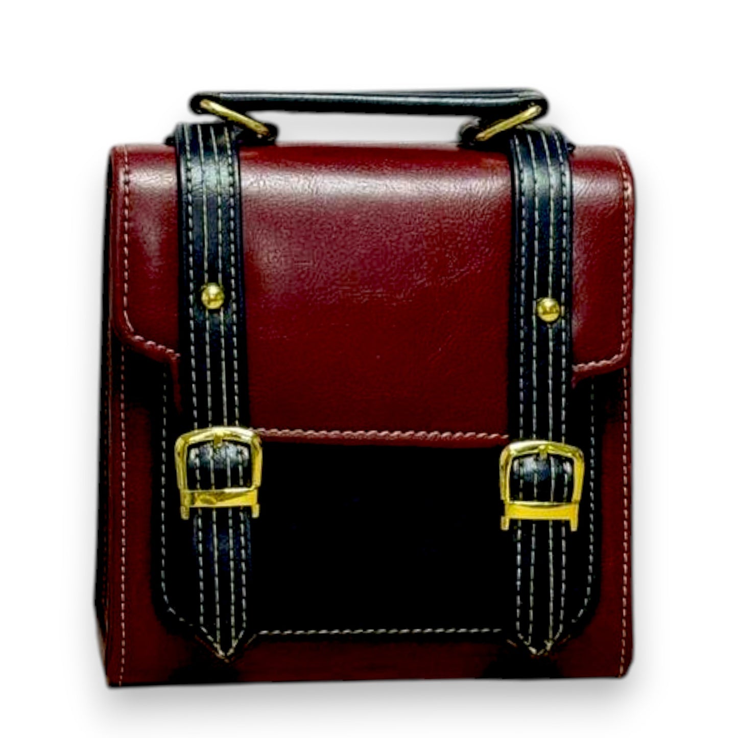 Handmade French-Style Vegan Leather Satchel – burgundy with Black Trim ( 17x 17×9 cm )