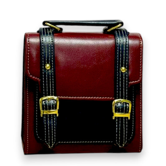 Handmade French-Style Vegan Leather Satchel – burgundy with Black Trim ( 17x 17×9 cm )