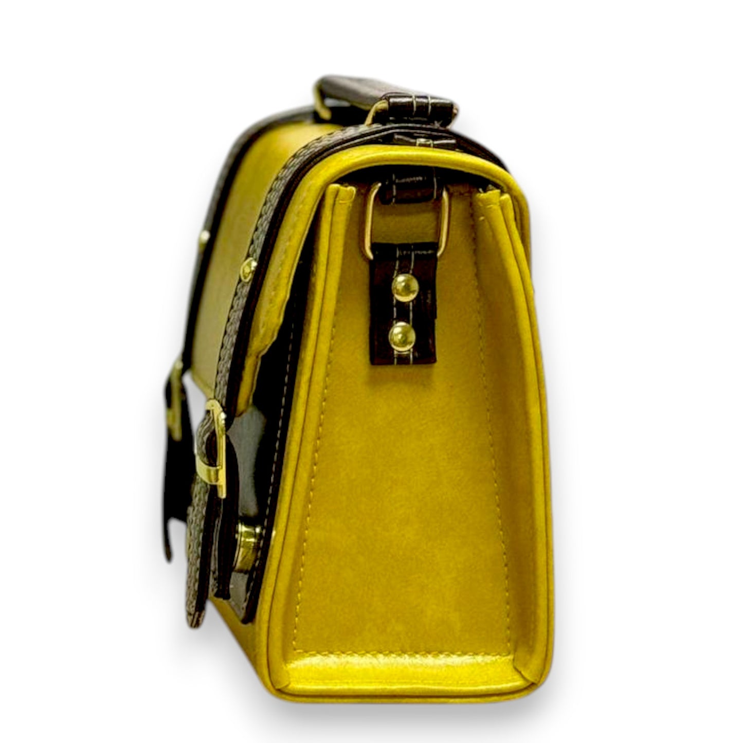 Handmade French-Style Vegan Leather Satchel – Mustard Yellow with Brown Trim ( 17x 17×9 cm )
