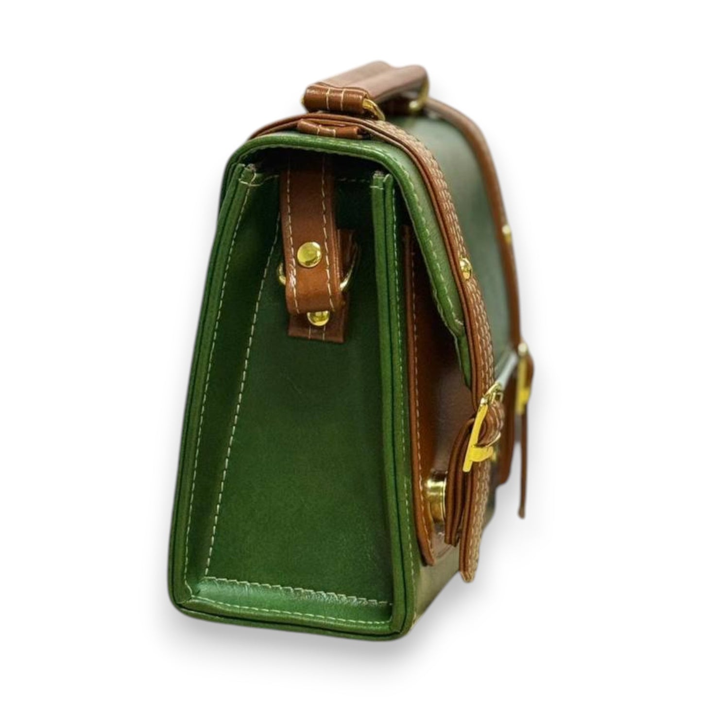Handmade French-Style Vegan Leather Satchel – Forest Green with Tan Trim ( 17x 17×9 cm )