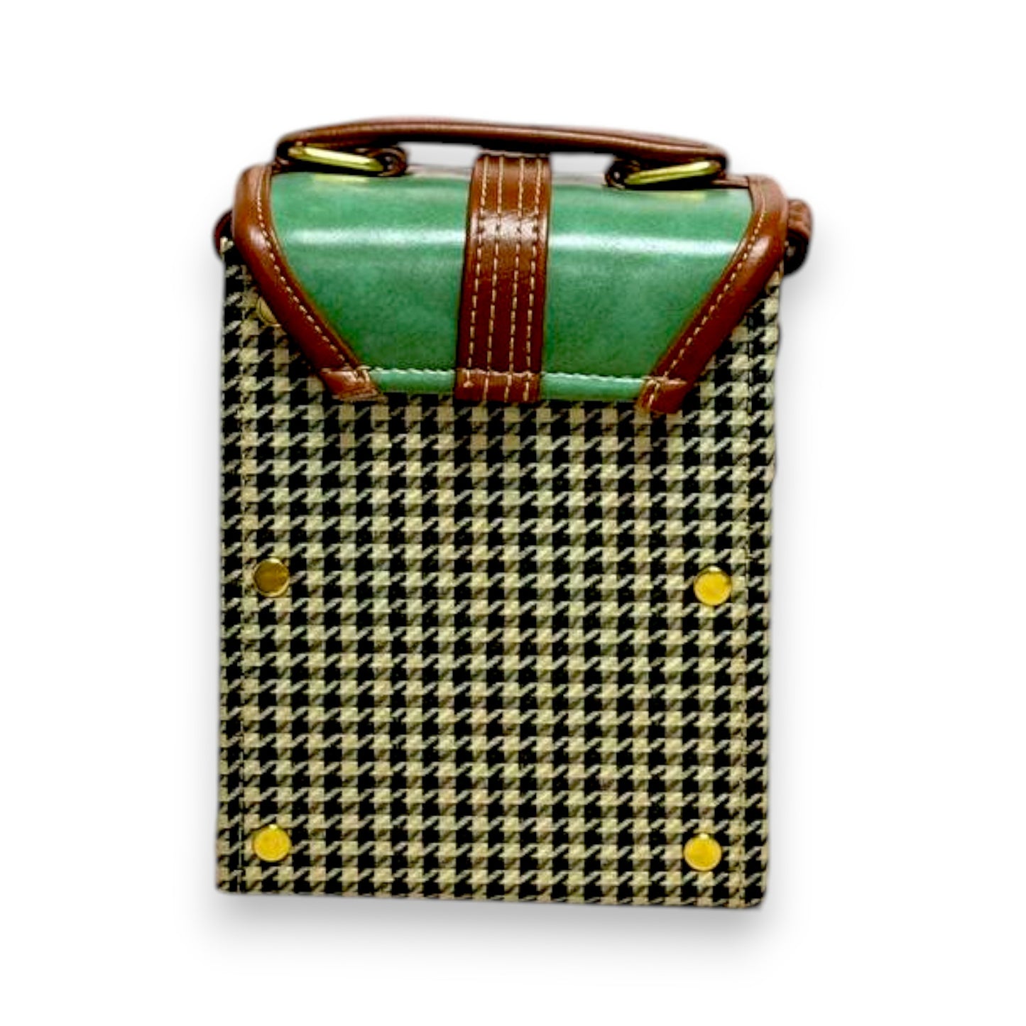 Handmade Vegan Leather Crossbody Bag – Forest Green with Houndstooth Detail (15x12x9 cm)