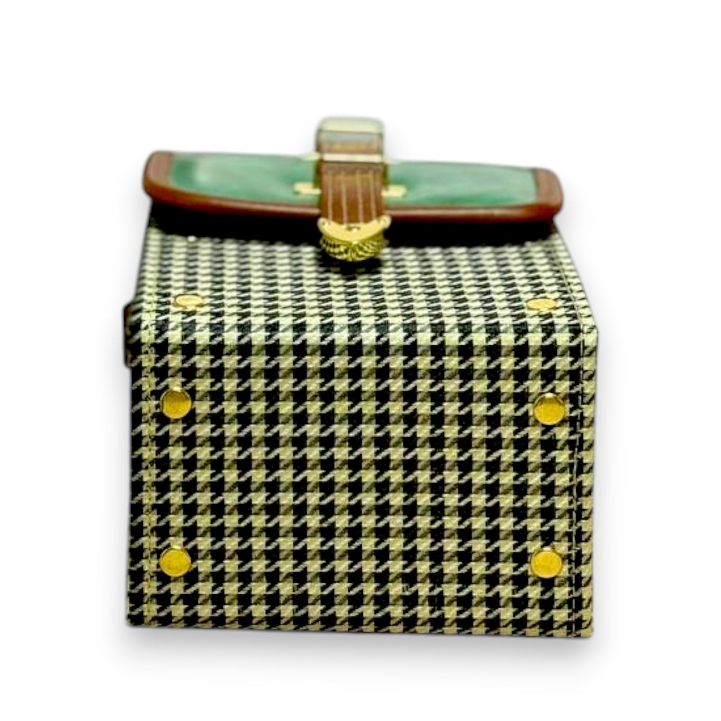 Handmade Vegan Leather Crossbody Bag – Forest Green with Houndstooth Detail (15x12x9 cm)