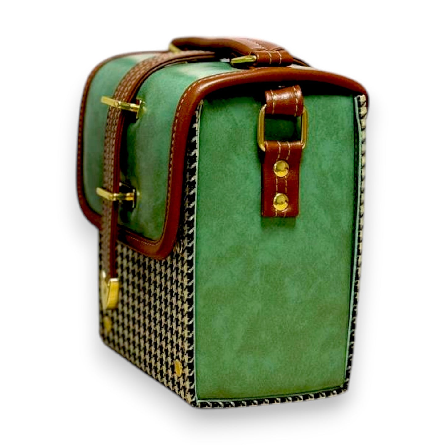 Handmade Vegan Leather Crossbody Bag – Forest Green with Houndstooth Detail (15x12x9 cm)