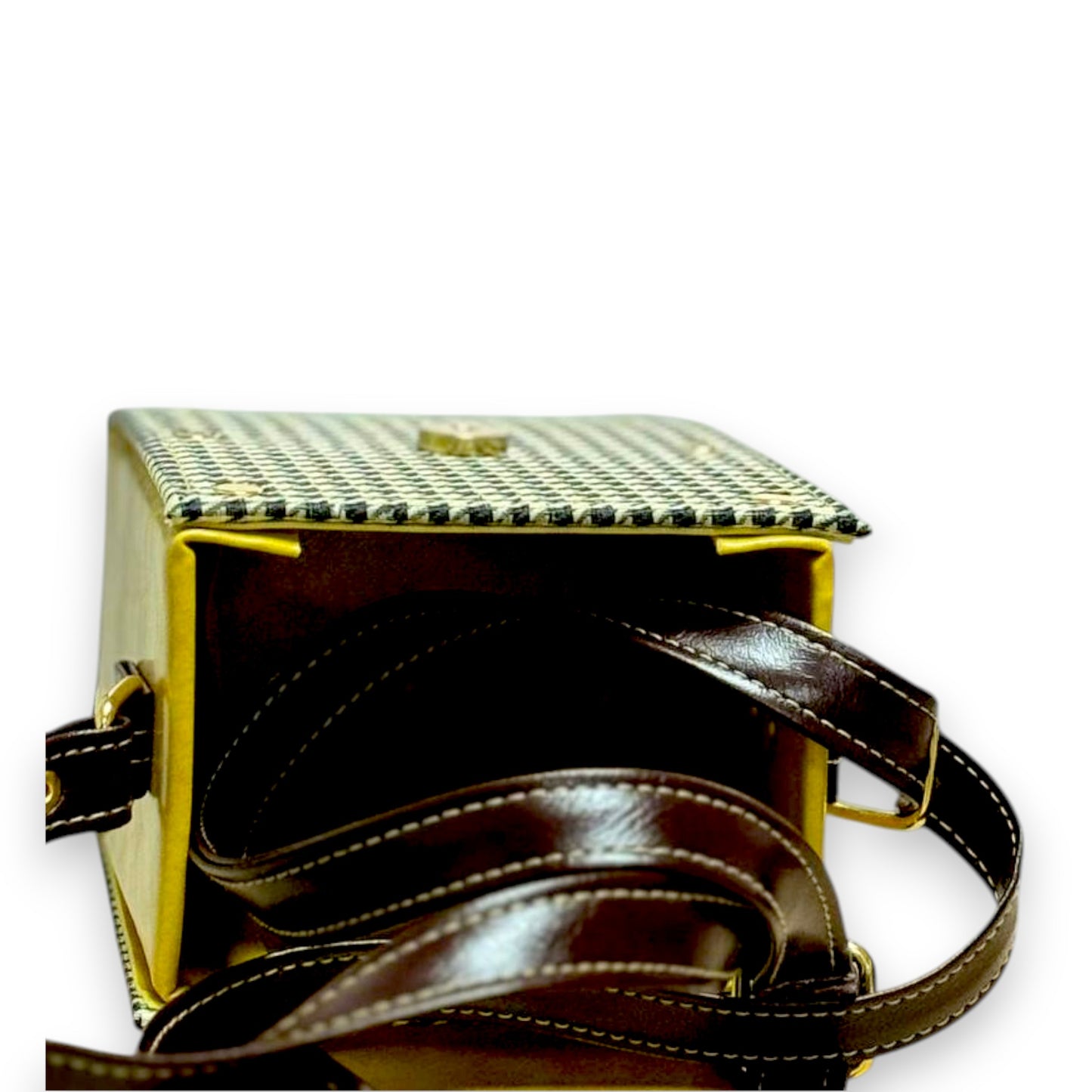 Handmade Vegan Leather Crossbody Bag – Mustard Yellow with Houndstooth Detail (15x12x9 cm)