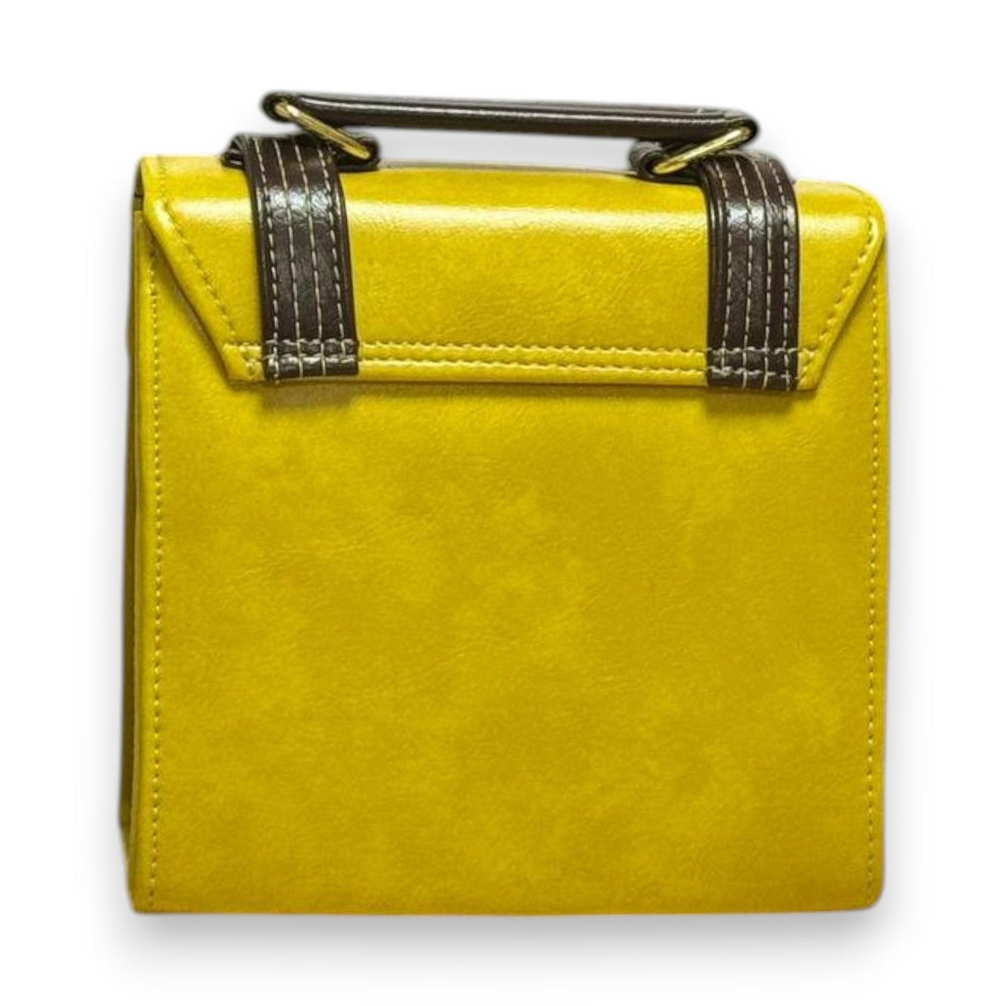 Handmade French-Style Vegan Leather Satchel – Mustard Yellow with Brown Trim ( 17x 17×9 cm )