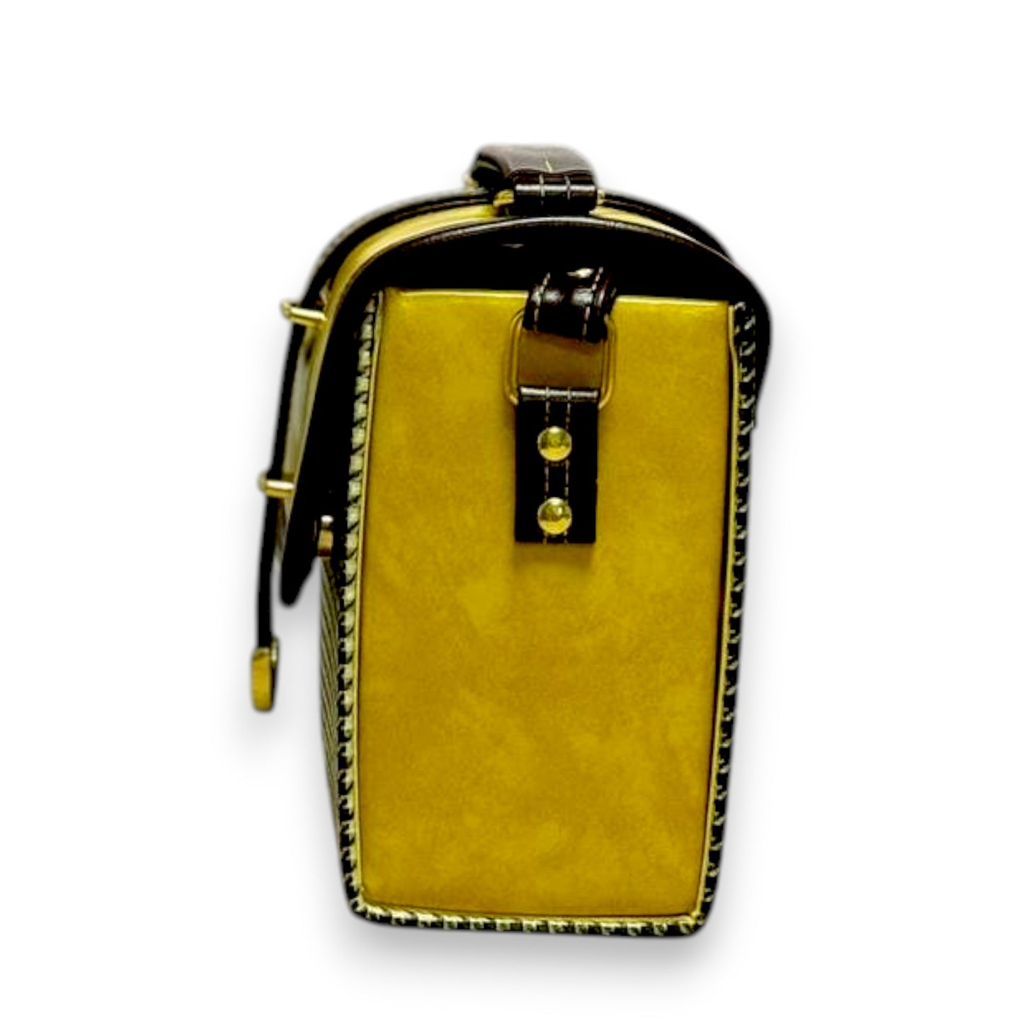 Handmade Vegan Leather Crossbody Bag – Mustard Yellow with Houndstooth Detail (15x12x9 cm)