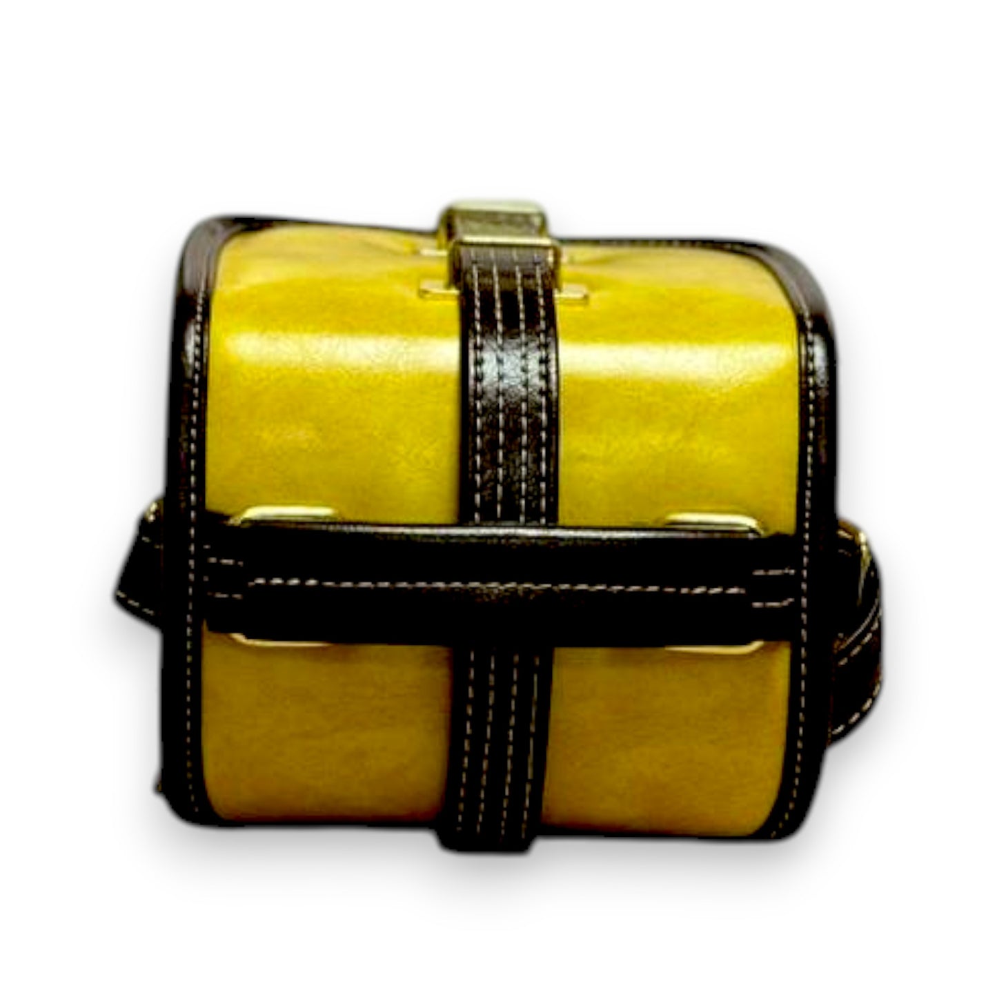 Handmade Vegan Leather Crossbody Bag – Mustard Yellow with Houndstooth Detail (15x12x9 cm)