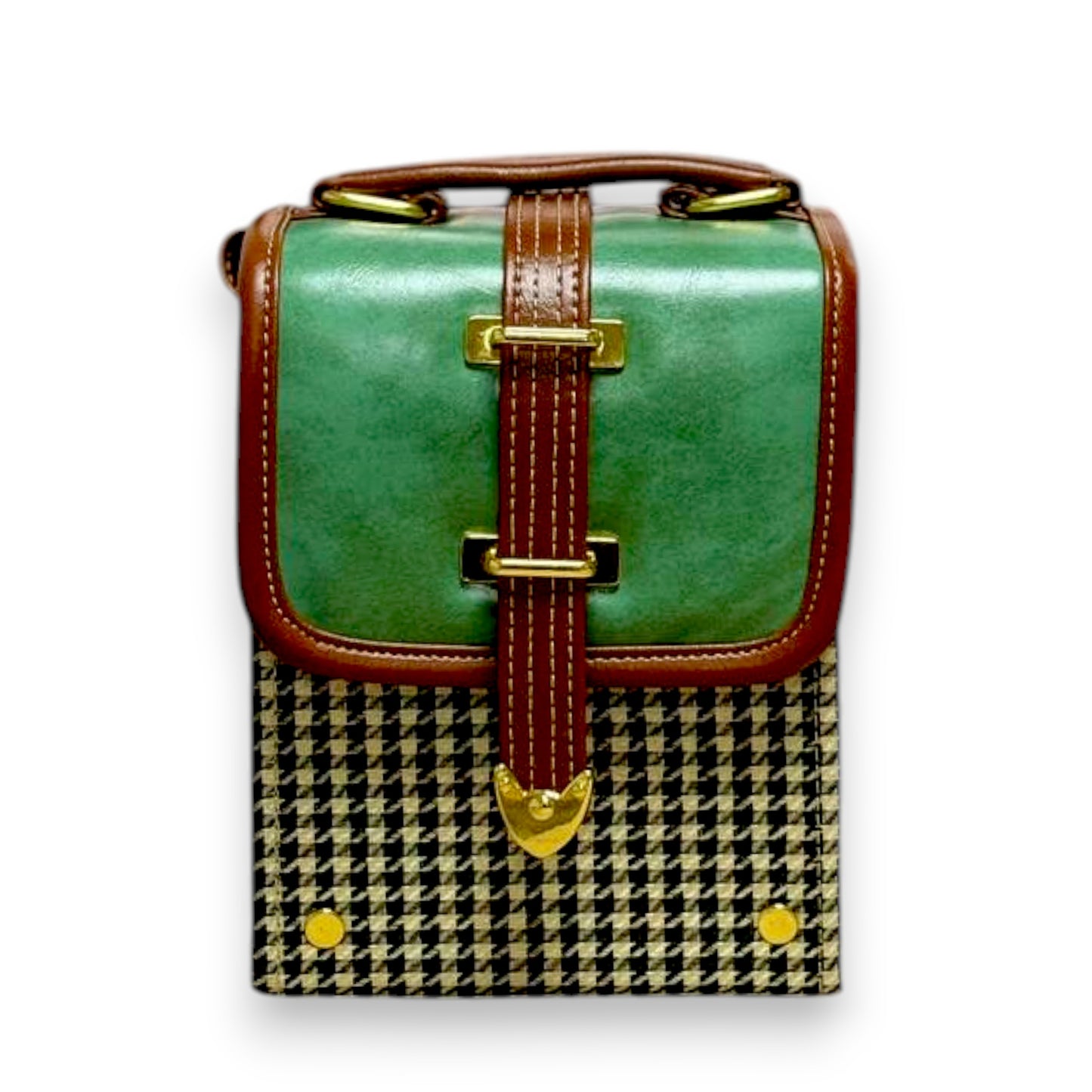 Handmade Vegan Leather Crossbody Bag – Forest Green with Houndstooth Detail (15x12x9 cm)