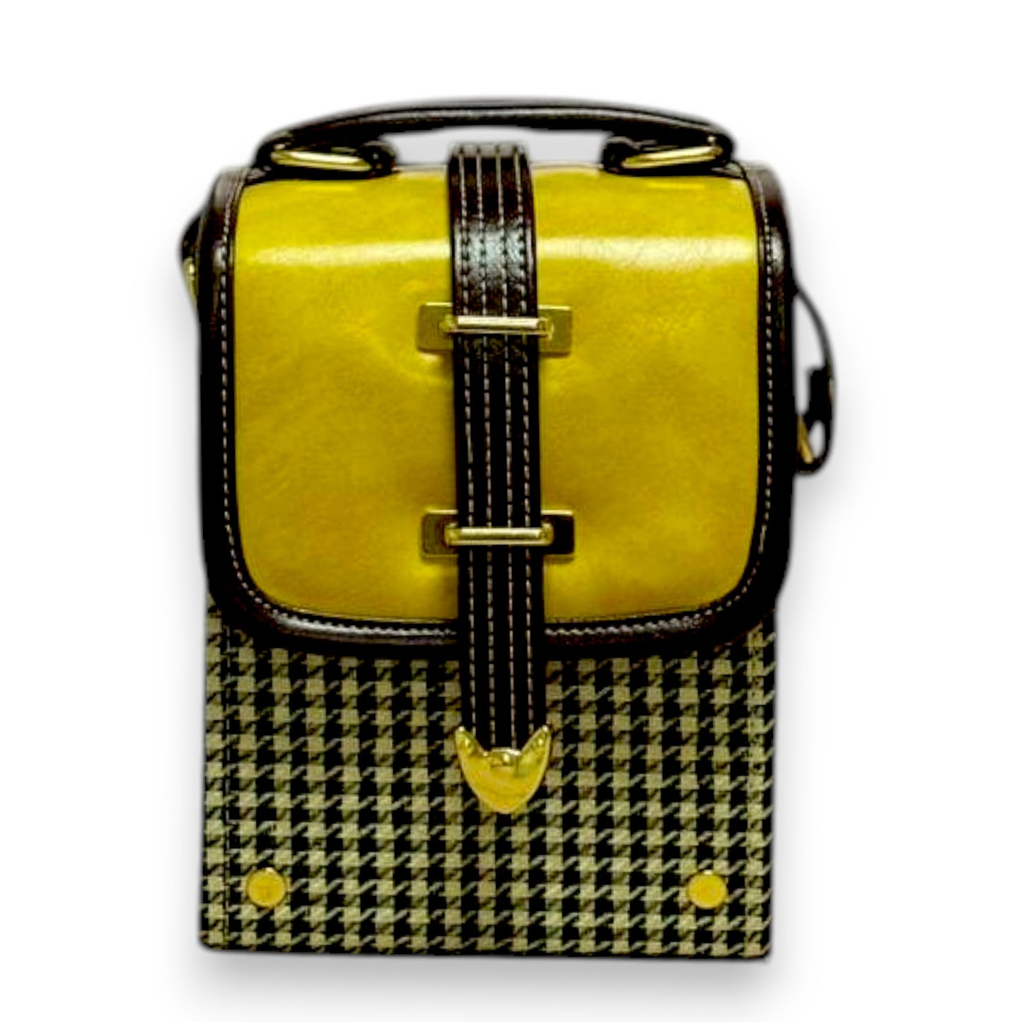 Handmade Vegan Leather Crossbody Bag – Mustard Yellow with Houndstooth Detail (15x12x9 cm)