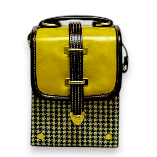 Handmade Vegan Leather Crossbody Bag – Mustard Yellow with Houndstooth Detail (15x12x9 cm)