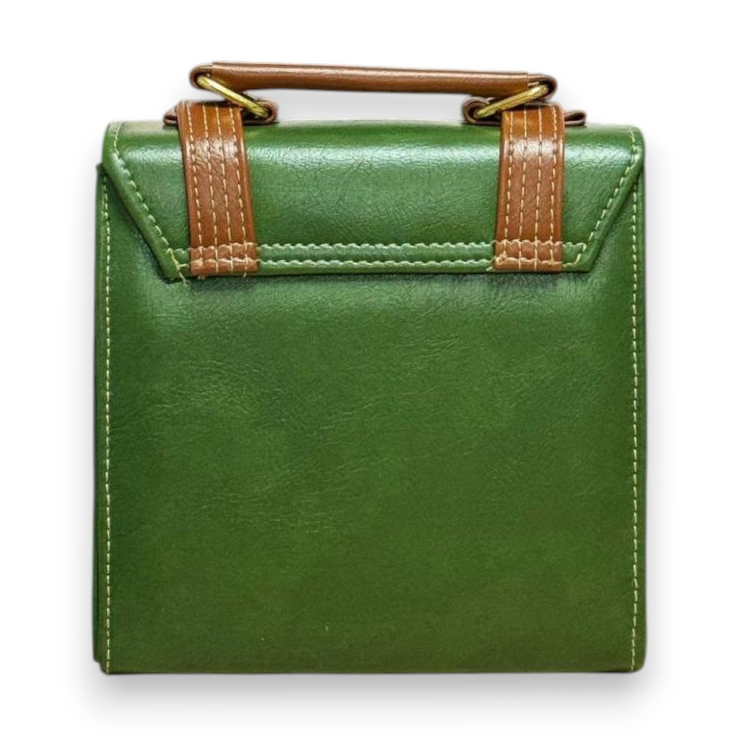 Handmade French-Style Vegan Leather Satchel – Forest Green with Tan Trim ( 17x 17×9 cm )