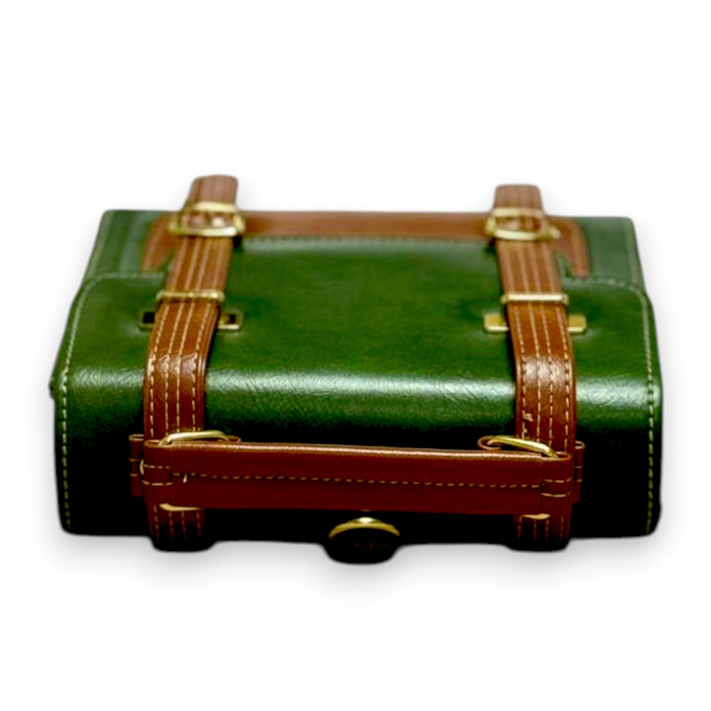 Handmade French Vegan Leather Backpack – Green& Brown with Gold Hardware (21x 20×10 cm)