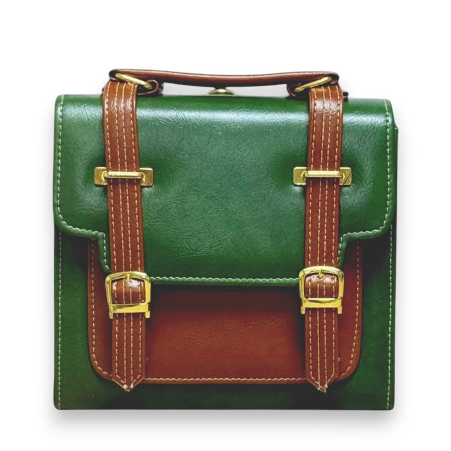 Handmade French Vegan Leather Backpack – Green& Brown with Gold Hardware (21x 20×10 cm)