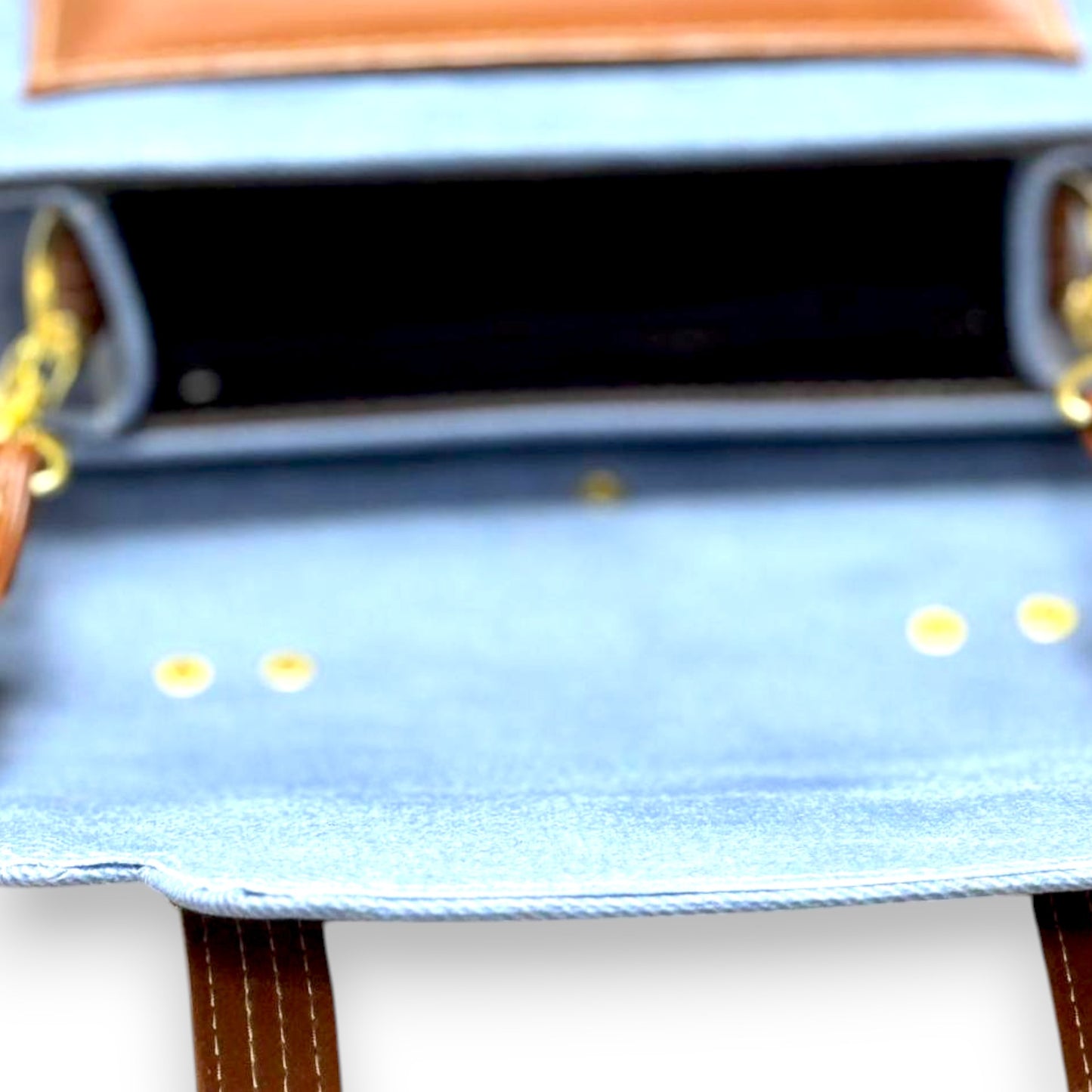 Handmade French Vegan Leather Backpack – Blue Canvas & Tan Trim (21x 20×10 cm)