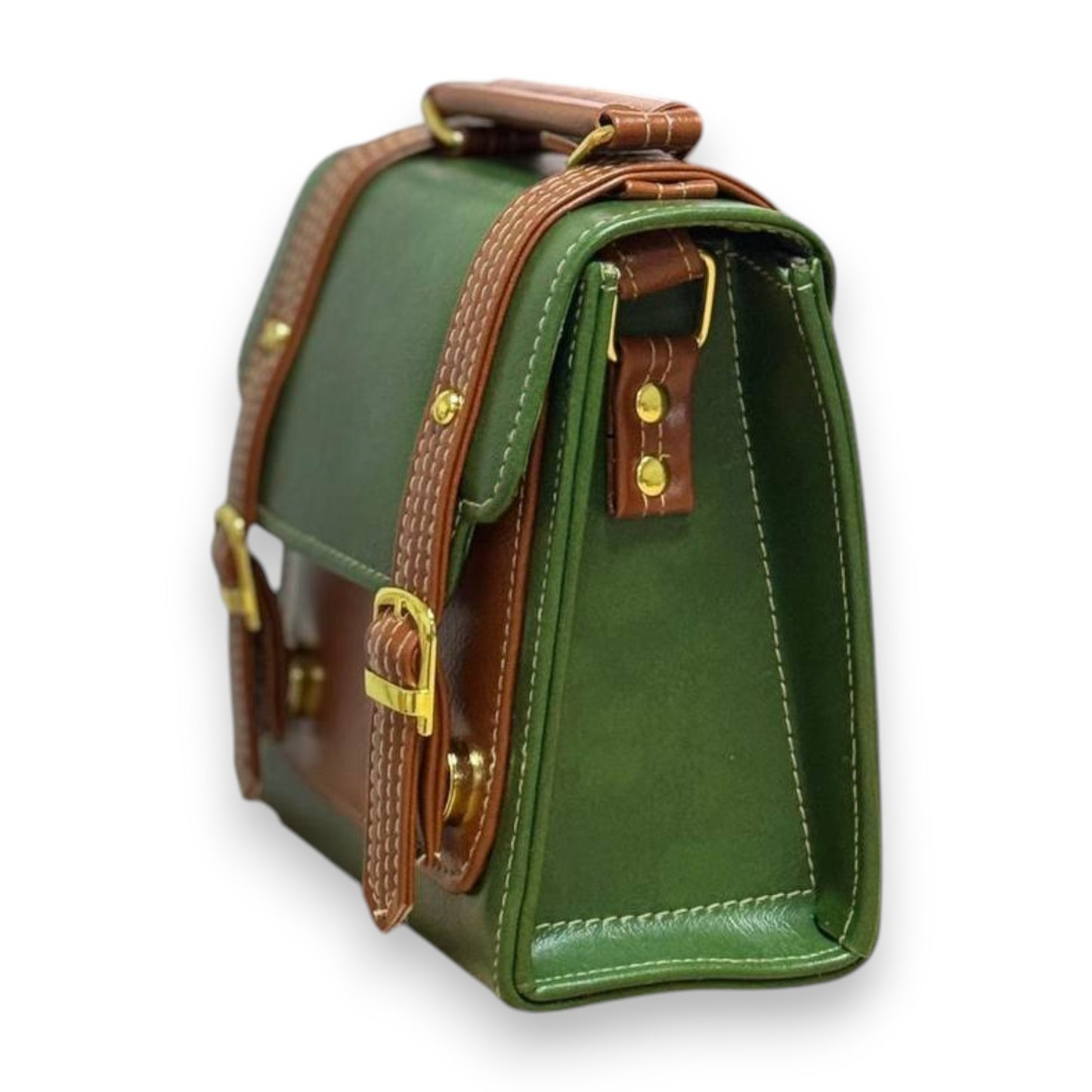 Handmade French-Style Vegan Leather Satchel – Forest Green with Tan Trim ( 17x 17×9 cm )