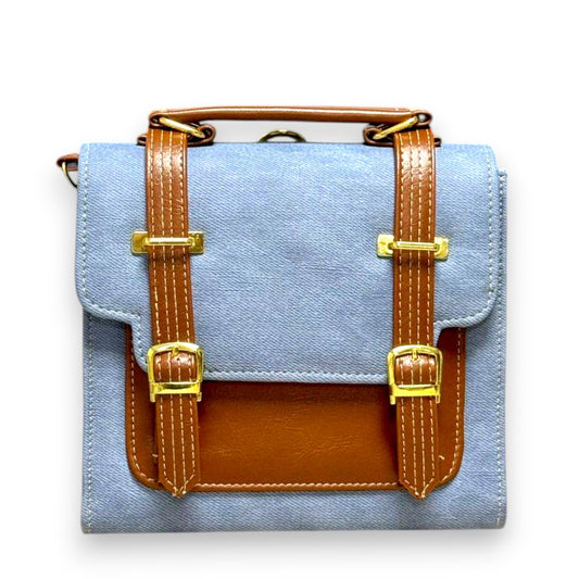 Handmade French Vegan Leather Backpack – Blue Canvas & Tan Trim (21x 20×10 cm)